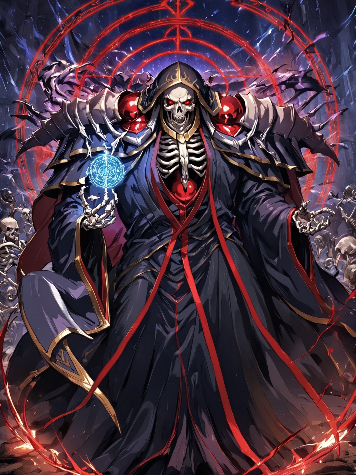 //Quality,
masterpiece, best quality, detailed
,//Character,
,ainz ooal gown \(overlord\), 1boy, solo, red eyes, skull, skeleton, glowing
,//Fashion,
hood, shoulder armor, robe
,//Background,
battle field
,//Others,
magic chant, magic circle, open mouth, smile, face up