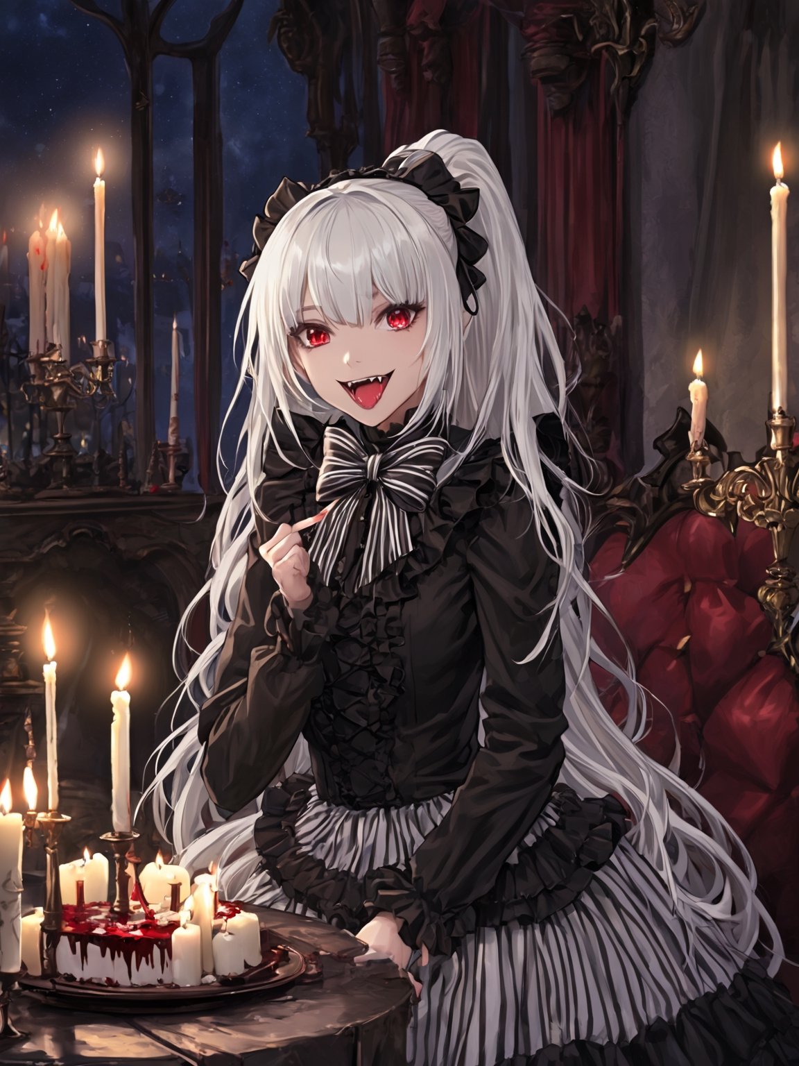 //Quality,
masterpiece, best quality, detailed
,//Character,
1girl, solo,shalltear bloodfallen \(overlord\), red eyes, long hair, white hair, bangs, ponytail
,//Fashion,
gothic lolita, striped bow, frilled dress, long sleeves
,//Background,
night, candle lit room
,//Others,
open mouth, tongue, fangs, smile, ridicule