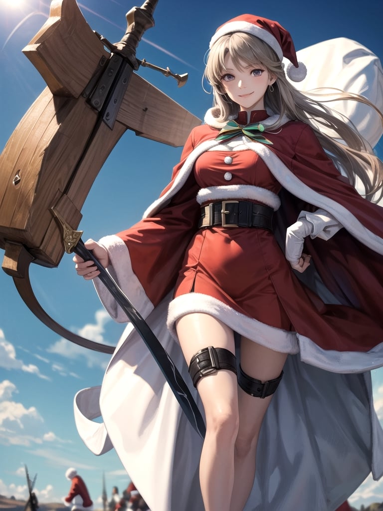 (masterpiece), (best quality), 8k illustration,
//Character,
santa, gentle smile, aura, Invincible, 
//Fashion,
santa_costume,
//Background,
Beautiful blue sky, calm sunshine, battlefield, Unlimited Blade Works