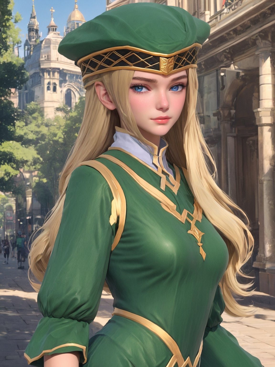 //Character, solo, Frey_VP, 1girl, blue eyes, long hair, blonde hair, 
//Fashion, hat, green dress, detached sleeves, green footwear, 
//Background, simple background, 
//Quality, (masterpiece), best quality, ultra-high resolution, ultra-high definition, highres, intricate, intricate details, absurdres, highly detailed, finely detailed, ultra-detailed, ultra-high texture quality, natural lighting, natural shadow, dramatic shading, dramatic lighting, vivid colour, perfect anatomy, 
//Others, 