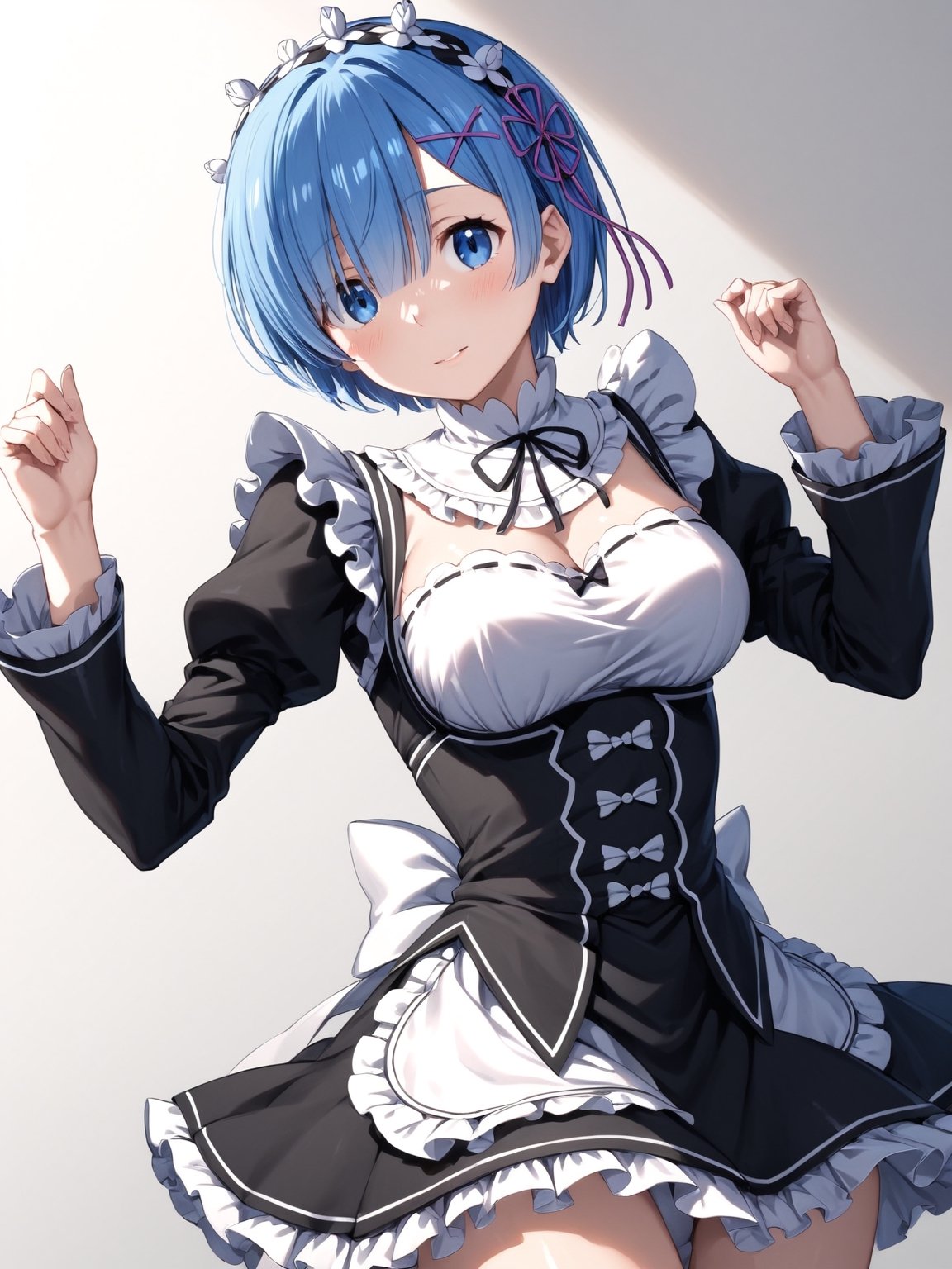 masterpiece, best quality, detailmaster2, 8k, 8k UHD, ultra detailed, ultra-high resolution, ultra-high definition, highres, 
//Background, white_background,
//Character, ,rem \(re_zero\), 1girl, solo, blue eyes, blue hair, short hair, 
//Fashion, ,roswaal mansion maid uniform, hair ribbon
//Others, 