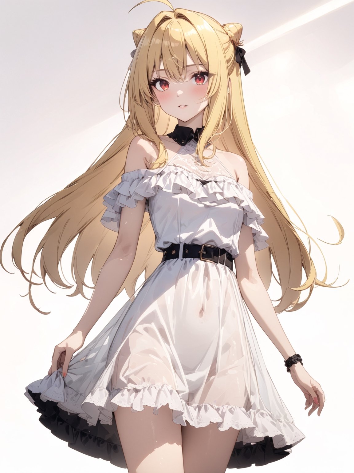 //Quality, masterpiece, best quality, detailmaster2, 8k, 8k UHD, ultra detailed, ultra-high resolution, ultra-high definition, highres, 
//Character, 1girl, solo,Terakomari, long hair, blonde hair, red eyes, ahoge, 
//Fashion, frills, off shoulder, hair bun, white dress, see-through, off-shoulder dress,
//Background, white background, 
//Others, 