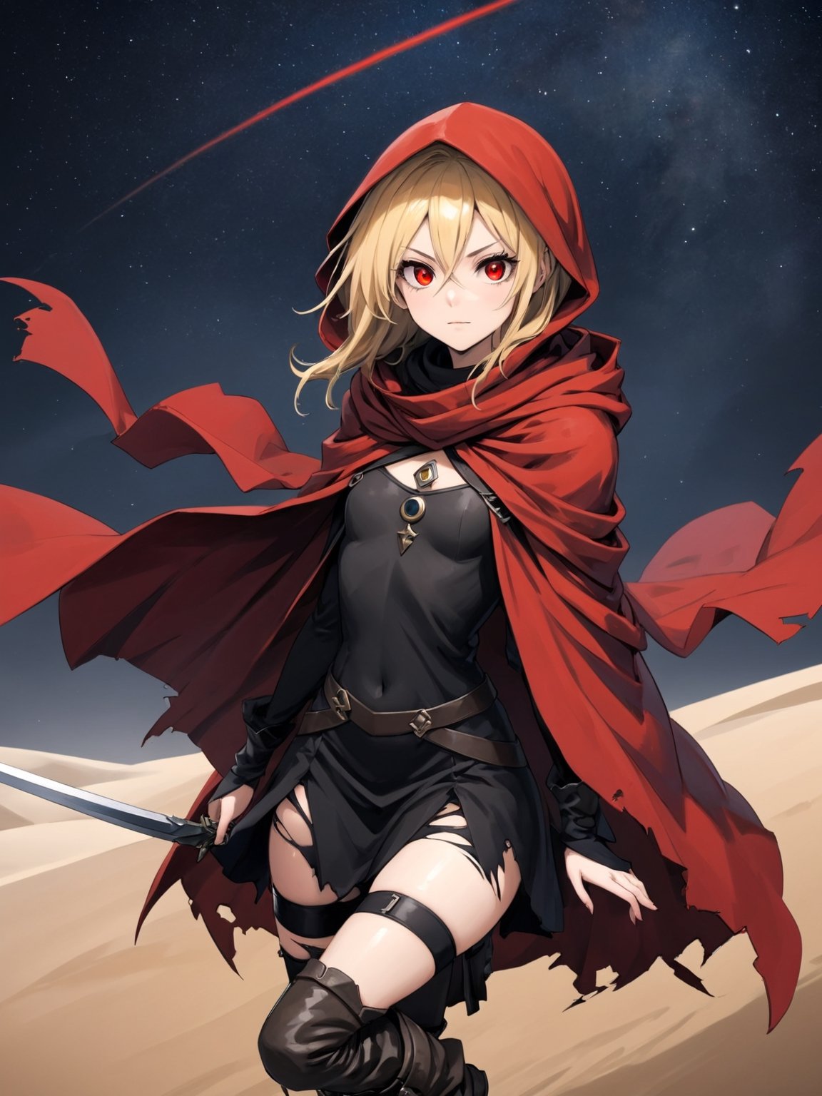 //Quality,
masterpiece, best quality, detailed
,//Character,
,Evileye \(overlord\), 1girl, solo, blonde hair, red eyes, hair between eyes, small breasts
,//Fashion,
hood, black dress, torn clothes, covered navel, red cloak, hooded cloak, black thighhighs, torn thighhighs, boots, black footwear
,//Background,
(dune) hill of Swords, Sandstorm, starry_sky
,//Others,
hood up