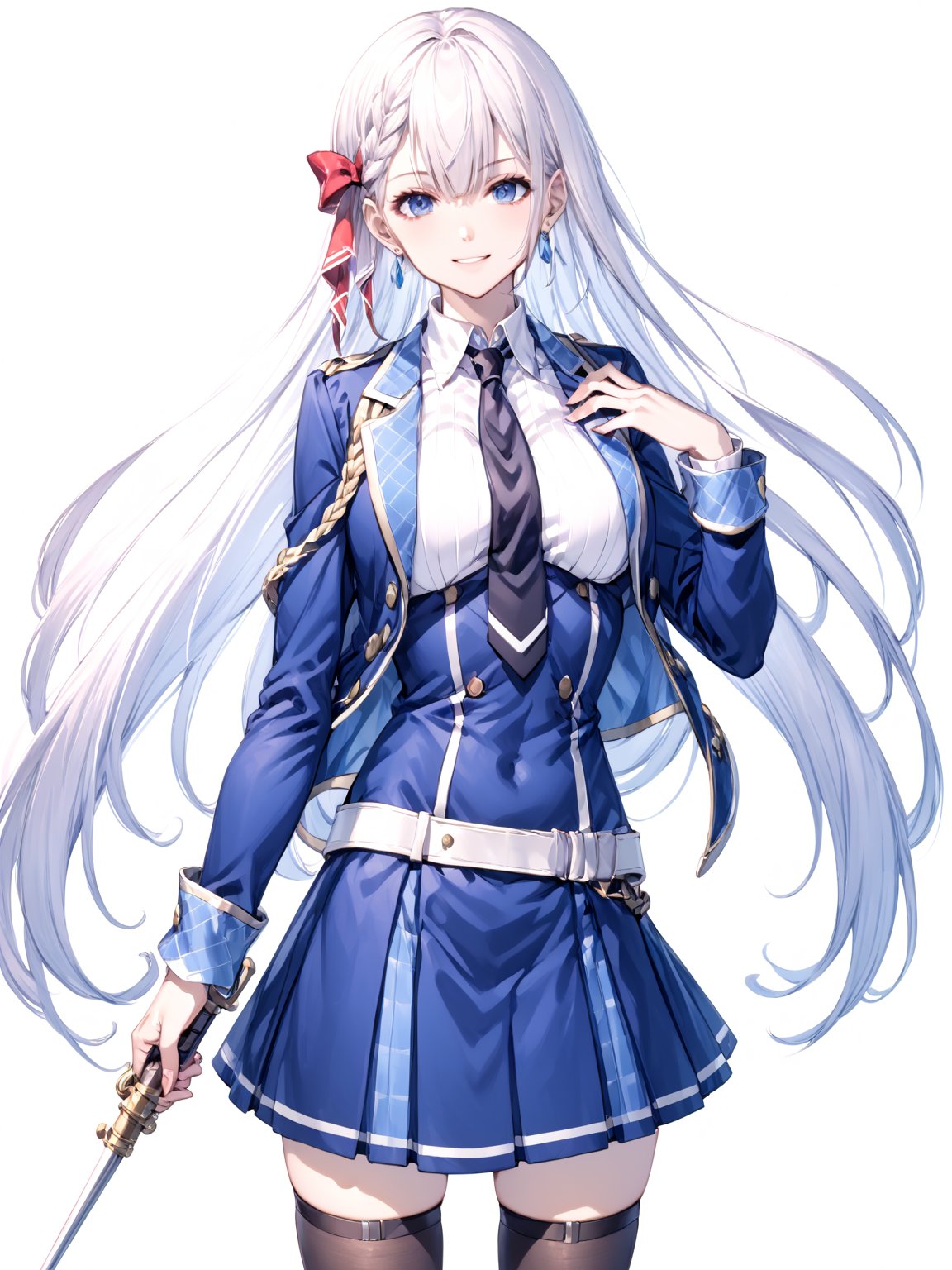 score_9,score_8_up,score_7_up,score_6_up, masterpiece, best quality
,//Character, 
1girl, solo,RiseliaRayCrystalia, very long hair, white hair, braid, blue eyes, medium breasts
,//Fashion, 
earrings, red hair bow, long sleeves, white shirt, collared shirt, black necktie, blue jacket, blue skirt, pleated skirt, black thighhighs, belt
,//Background, white_background
,//Others,
(making a V sign), smile