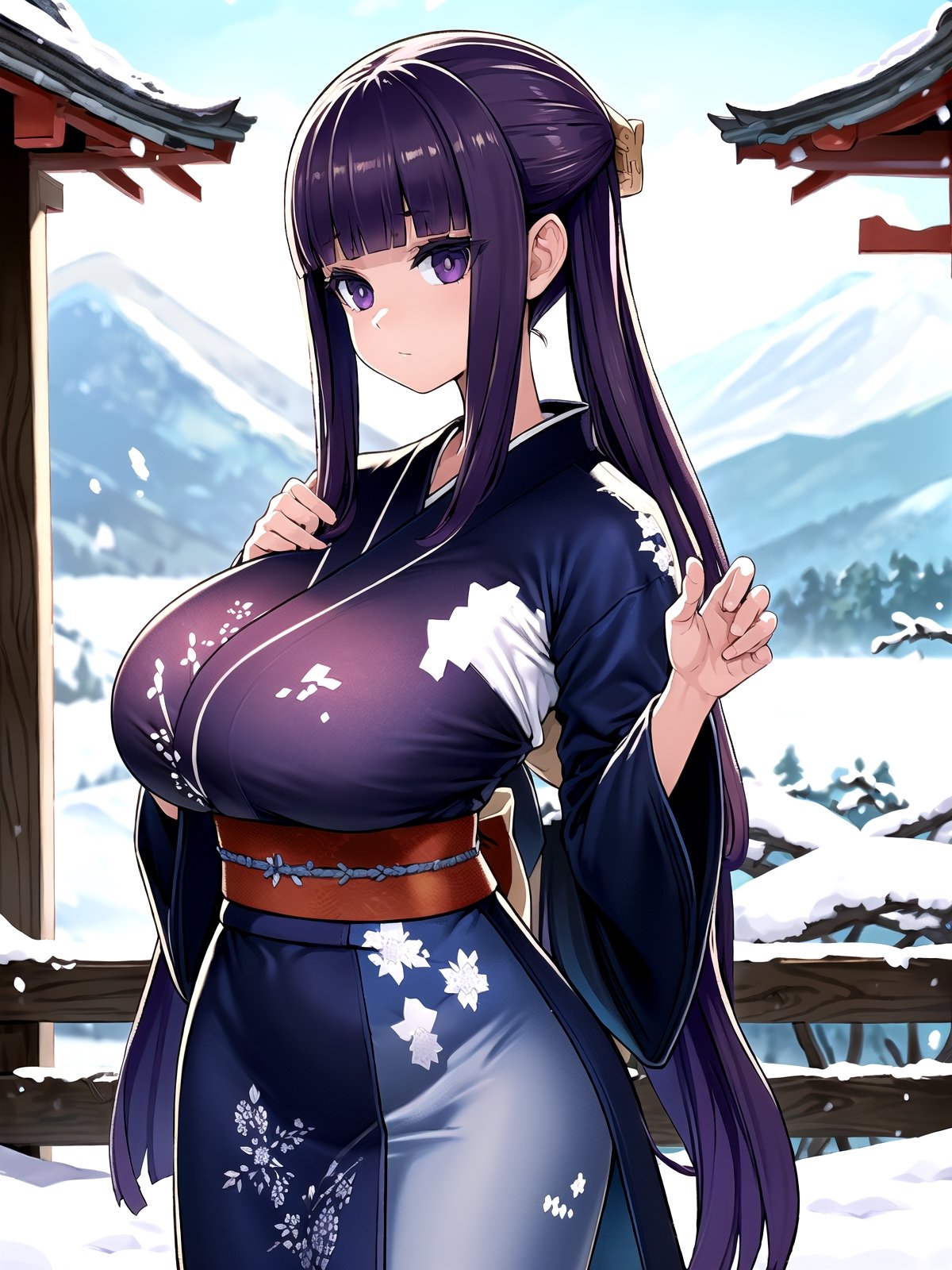 //Quality,
(masterpiece), (best quality), 8k illustration,
,//Character,
1girl, solo, large breasts
,//Fashion,
details (dark blue silk brocade kimono)
,//Background,
Kyoto, outdoors, winter, snow
,//Others,
goodbye pose,aafern, long hair, purple hair, blunt bangs