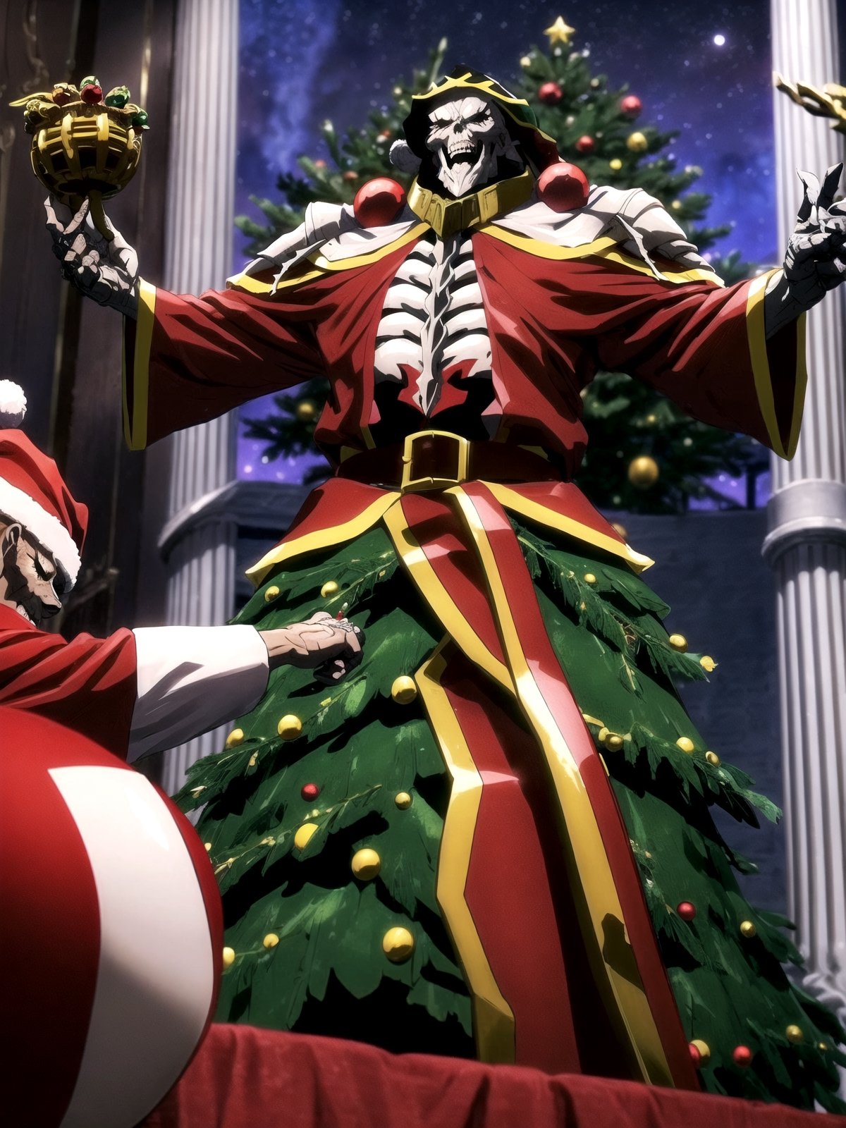 1boy, intricate design, santa costume, (santa's home, decorate santa house, Decorate the Christmas tree),Christmas,Ainz, overlord, high laughter