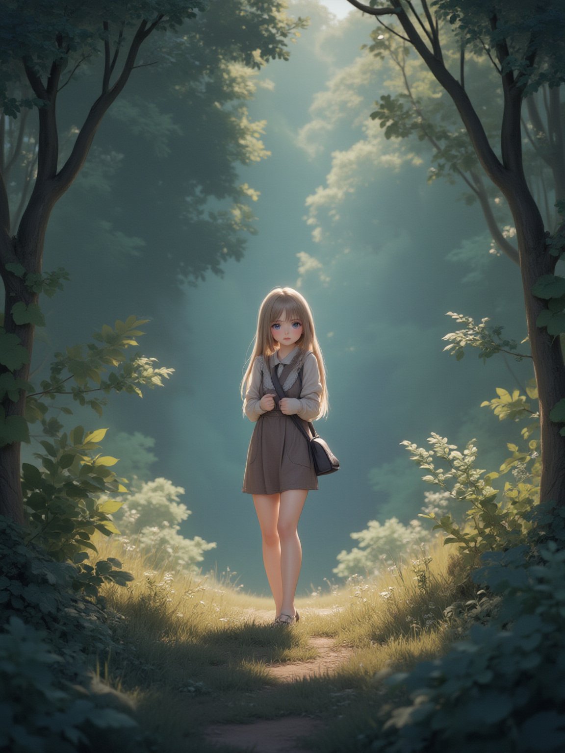 best quality, 8k, 8k UHD, ultra-high resolution, ultra-high definition, highres
,//Character, 
1girl, solo
,//Fashion, 
dress
,//Background, 
,//Others, ,Expressiveh,
A young girl with long brown hair and bright eyes, standing at the edge of a magical forest. She's wearing a simple dress and holding a small backpack. Sunlight filters through the trees, creating a mystical atmosphere. The girl looks excited and slightly nervous,2bEimi