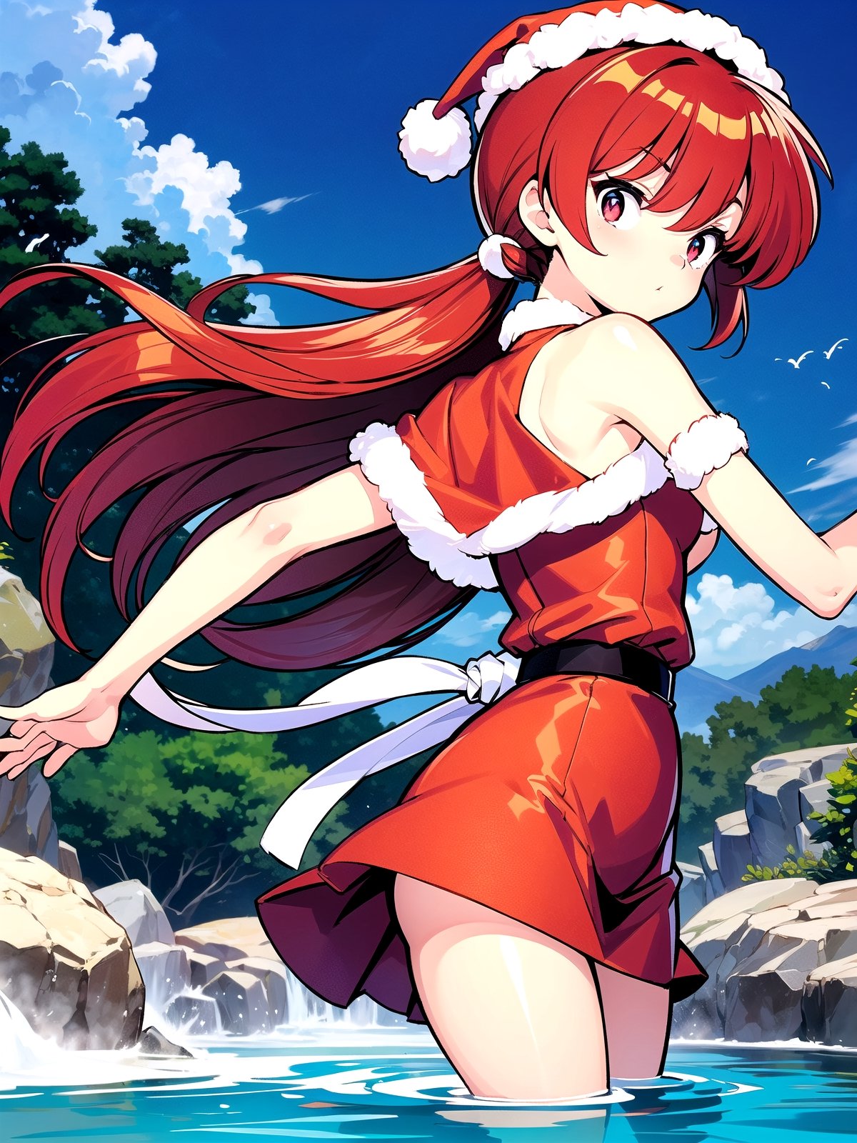 1girl, solo, Hot springs, Ranma style, female Santa,RanmaChan, red_hair,so-bin