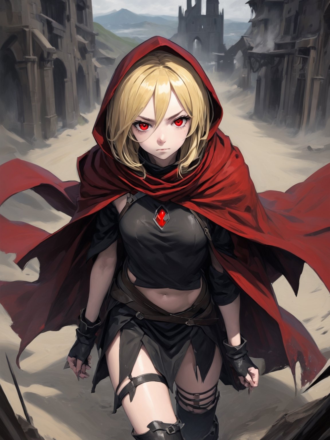 //Quality,
masterpiece, best quality, detailed
,//Character,
,Evileye \(overlord\), 1girl, solo, blonde hair, red eyes, hair between eyes, small breasts
,//Fashion,
hood, black dress, torn clothes, covered navel, red cloak, hooded cloak, black thighhighs, torn thighhighs, boots, black footwear
,//Background,
dune hill of Swords
,//Others,
hood up