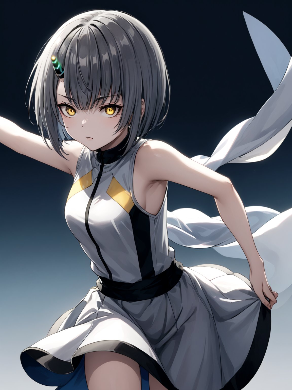 best quality, 8k, 8k UHD, ultra-high resolution, ultra-high definition, highres
,//Character, 
1girl, solo
,//Fashion, 
,//Background, 
,//Others, ,Expressiveh, 
Ataru, short hair, grey hair, yellow eyes, heterochromia, glowing, single horn, dress, legs,
A female martial artist demonstrating a complex kata, her gi in motion