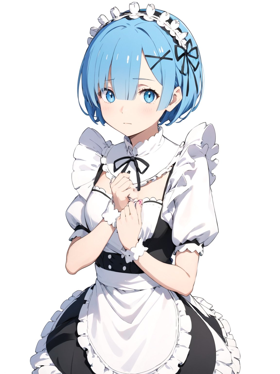 //Quality,
masterpiece, best quality, detailed
,//Character,
solo,rem \(re_zero\), 1girl, blue eyes, blue hair, short hair
,//Fashion,
roswaal mansion maid uniform, hair ribbon
,//Background,
white_background, simple_background
,//Others,
