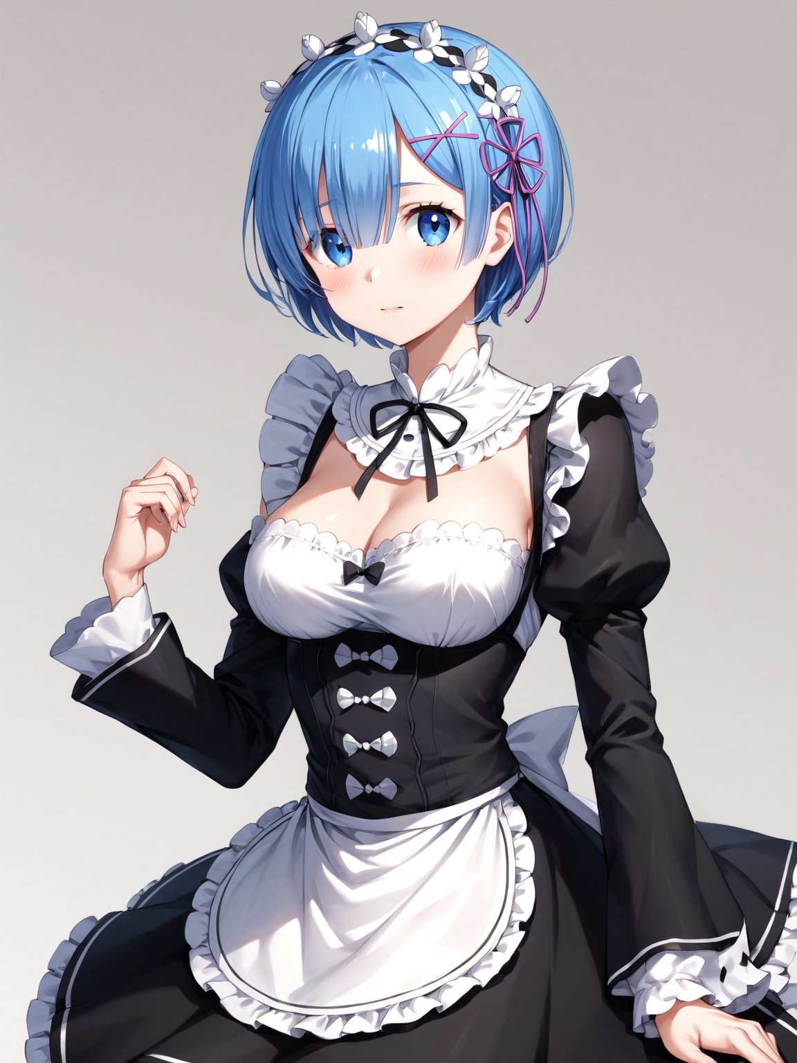 masterpiece, best quality, detailmaster2, 8k, 8k UHD, ultra detailed, ultra-high resolution, ultra-high definition, highres, 
//Background, white_background,
//Character, ,rem \(re_zero\), 1girl, solo, blue eyes, blue hair, short hair, 
//Fashion, ,roswaal mansion maid uniform, hair ribbon
//Others, 