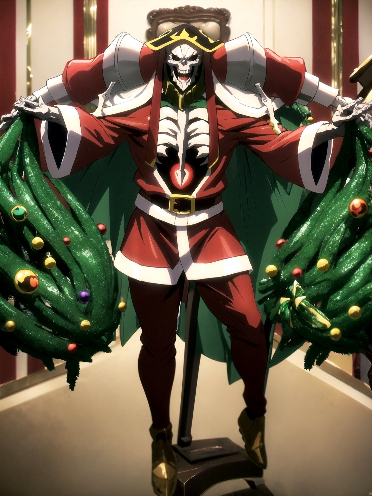 1boy, intricate design, santa costume, (santa's home, decorate santa house, Decorate the Christmas tree),Christmas,Ainz, overlord, high laughter