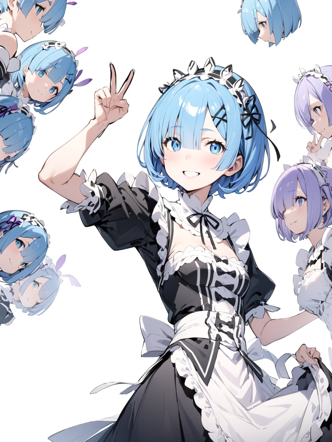 //Quality,
masterpiece, best quality, detailed
,//Character,
solo,rem \(re_zero\), 1girl, blue eyes, blue hair, short hair
,//Fashion,
roswaal mansion maid uniform, hair ribbon
,//Background,
white_background, simple_background
,//Others,
smile, V