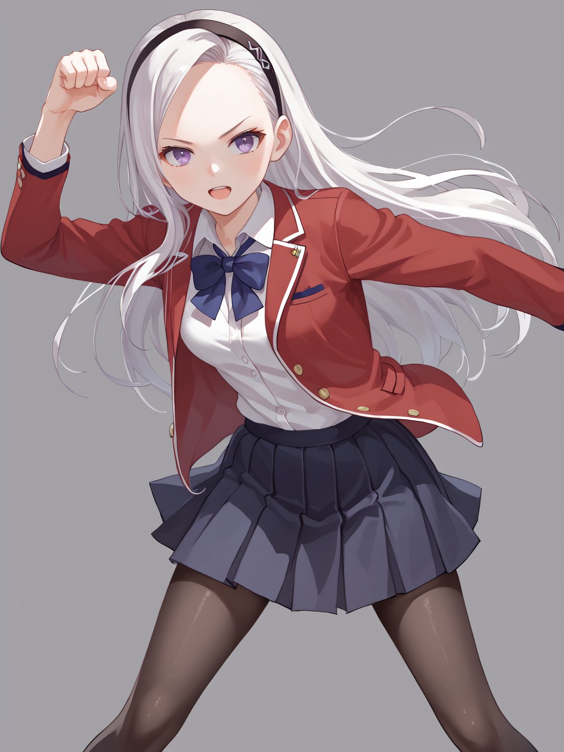 score_9,score_8_up,score_7_up,score_6_up, masterpiece, best quality, 8k, 8k UHD, ultra-high resolution, ultra-high definition, highres
,//Character, 
1girl, solo, long hair, white hair, purple eyes
,//Fashion, 
school uniform, red jacket, pantyhose, pleated skirt, hairband
,//Background, white_background
,//Others, ,Expressiveh,
fighting stance, dynamic pose,forehead