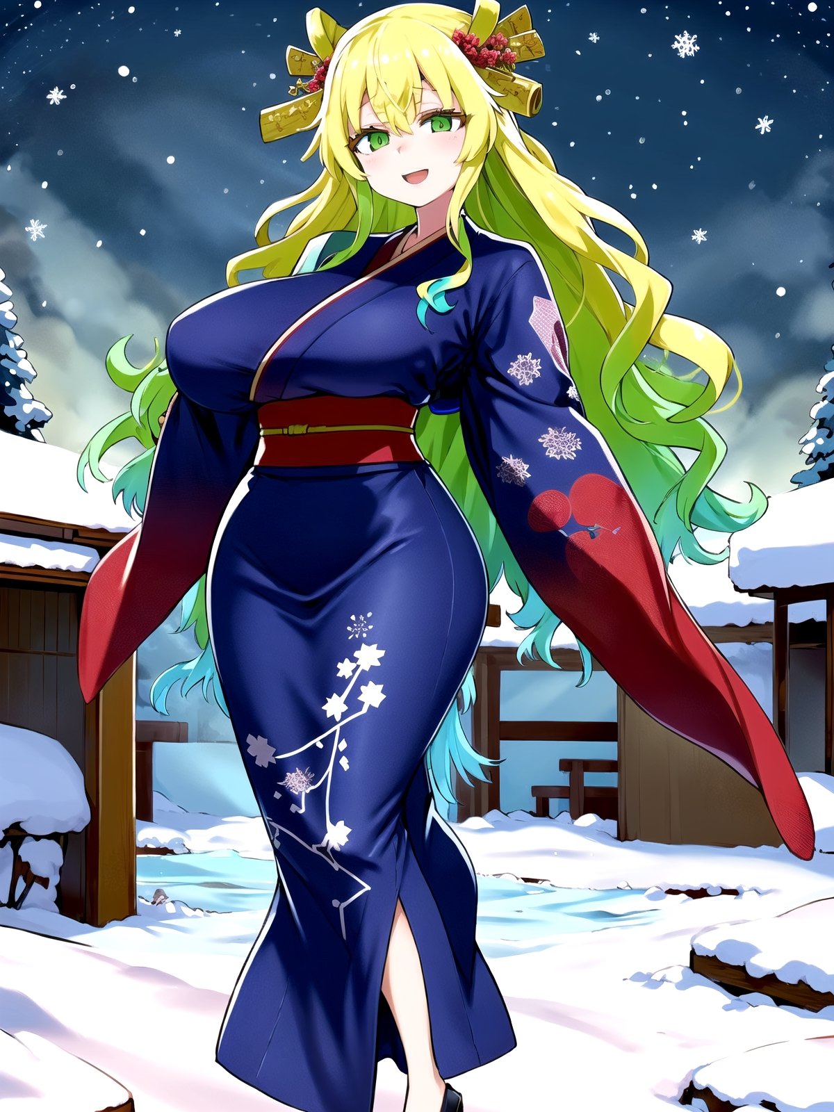 //Quality,
(masterpiece), (best quality), 8k illustration,
,//Character,
1girl, solo, large breasts
,//Fashion,
details (dark blue silk brocade kimono)
,//Background,
outdoors, winter, snow
,//Others,
happy new year 2024, dragon,lucoa