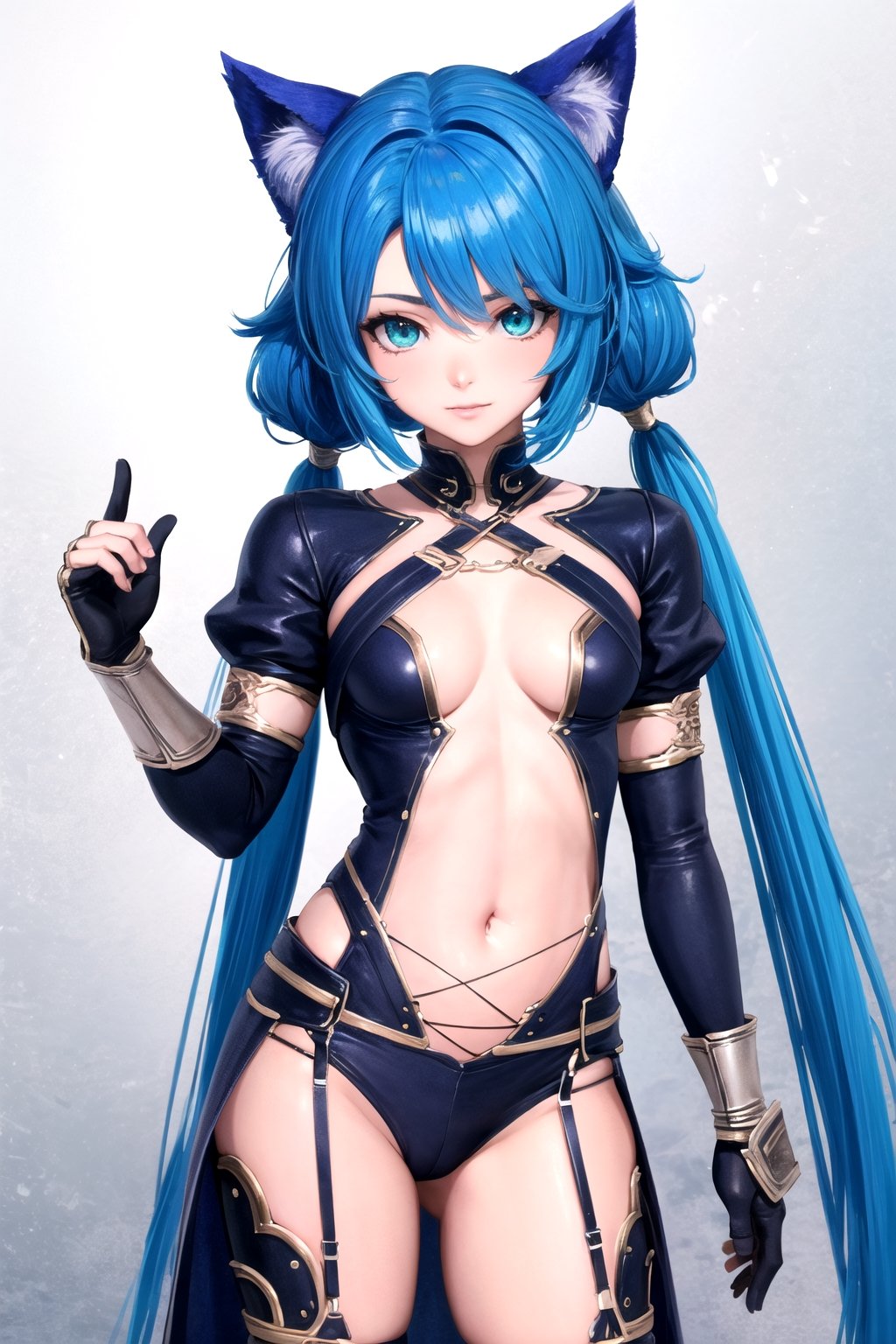 //Quality, masterpiece, best quality, detailmaster2, 8k, 8k UHD, ultra-high resolution, ultra-high definition, highres, 
//Character, 1girl, solo,MeracleChamlotte_SO4 cat_girl,blue_hair twintails green_eyes,
//Fashion, ,navel gloves thighhighs,
//Background, white background, 
//Others, 