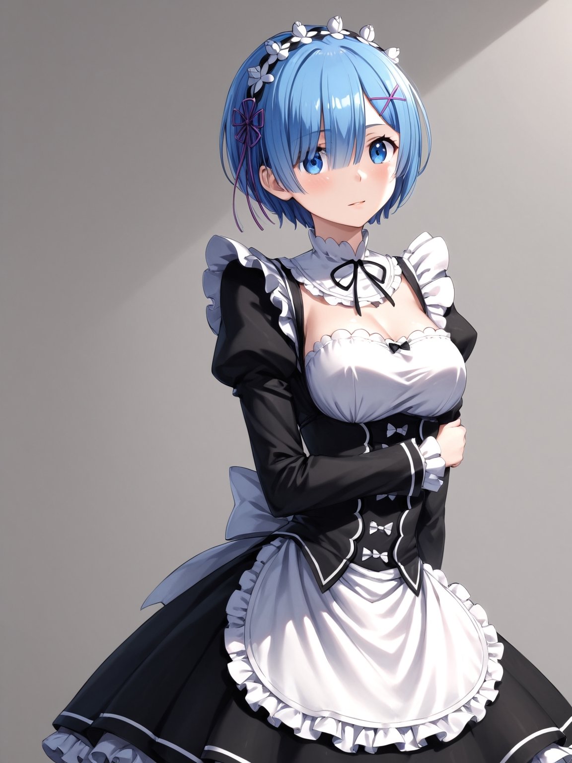masterpiece, best quality, detailmaster2, 8k, 8k UHD, ultra detailed, ultra-high resolution, ultra-high definition, highres, 
//Background, white_background,
//Character, ,rem \(re_zero\), 1girl, solo, blue eyes, blue hair, short hair, 
//Fashion, ,roswaal mansion maid uniform, hair ribbon
//Others, 