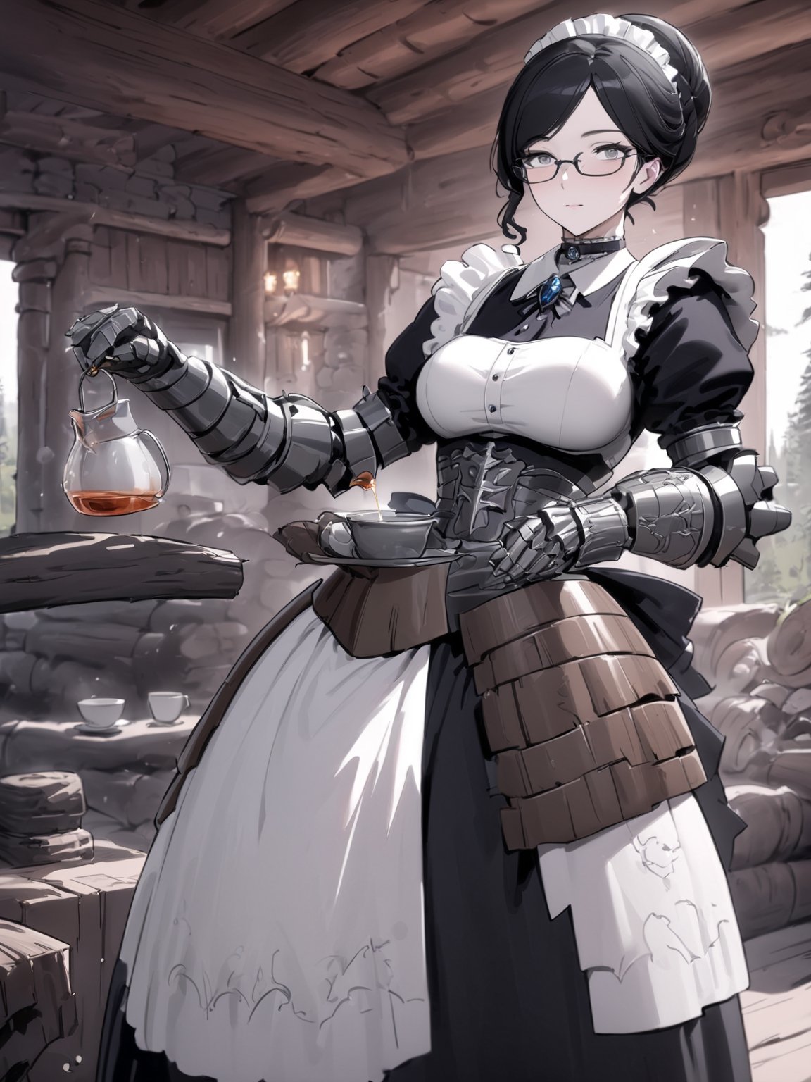 //Quality,
masterpiece, best quality, detailed
,//Character,
,Yuri Alpha \(overlord\), 1girl, solo, grey eyes, glasses, black hair, hair bun, breasts
,//Fashion,
dress, broach, choker, maid, armor, gauntlets, corset
,//Background,
log house, pouring tea
,//Others,
