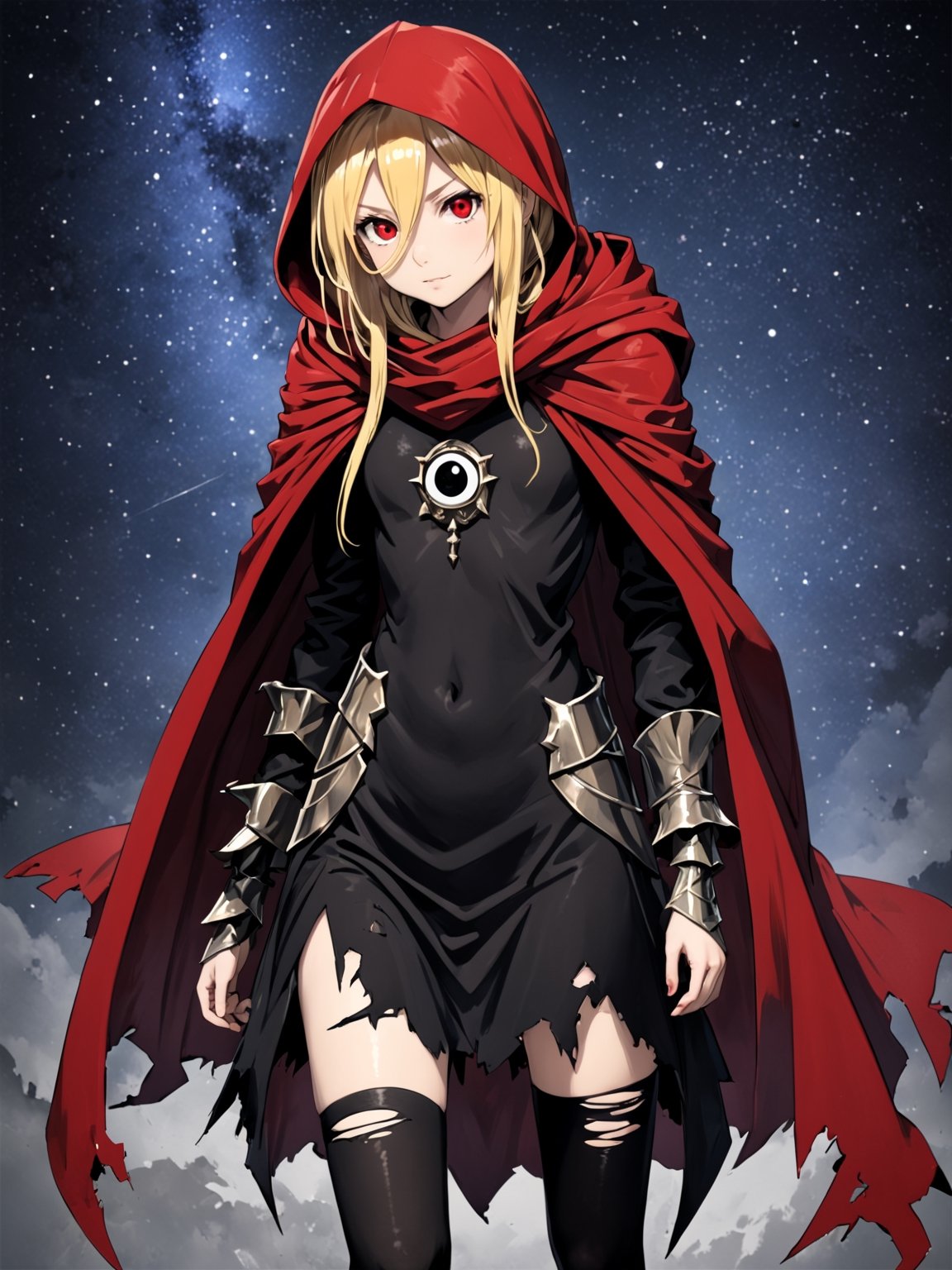 //Quality,
masterpiece, best quality, detailed
,//Character,
,Evileye \(overlord\), 1girl, solo, blonde hair, red eyes, hair between eyes, small breasts
,//Fashion,
hood, black dress, torn clothes, covered navel, red cloak, hooded cloak, black thighhighs, torn thighhighs, boots, black footwear
,//Background,
night_sky, starry_sky
,//Others,
hood down, arms at sides