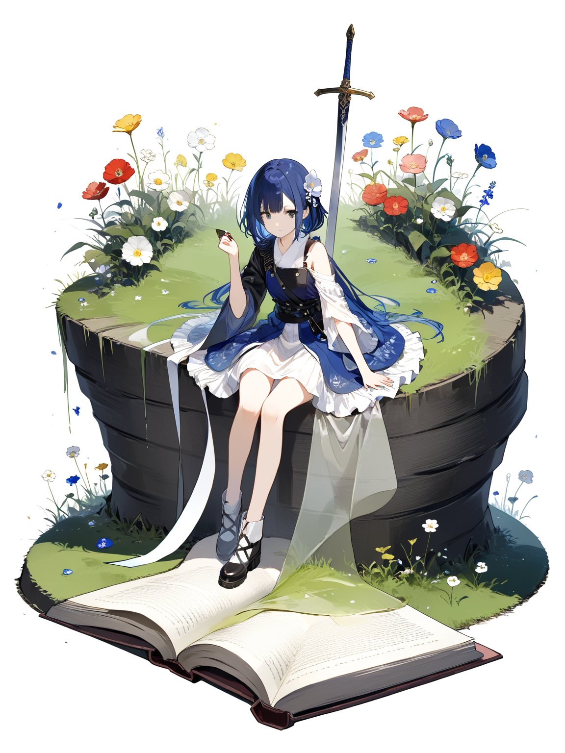 masterpiece, best quality, highres
,//Character, 
1girl, solo
,//Fashion, 
,//Background, white background
,//Others, ,Expressiveh, 
,AobaTsukuyo,
A tiny girl sitting on a massive book, using a blade of grass as a slide to reach the ground filled with oversized flowers.