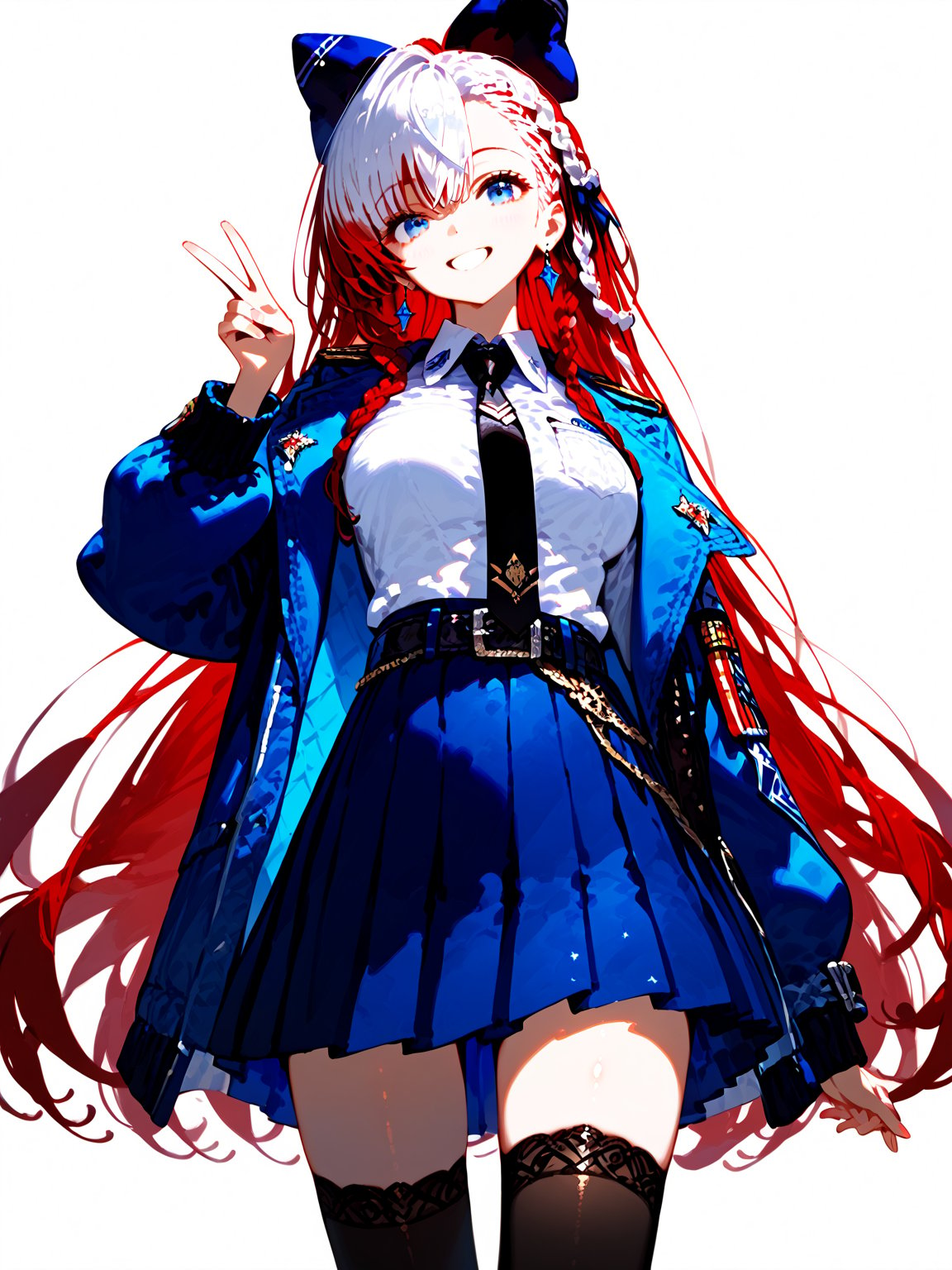 score_9,score_8_up,score_7_up,score_6_up, masterpiece, best quality
,//Character, 
1girl, solo,RiseliaRayCrystalia, very long hair, white hair, braid, blue eyes, medium breasts
,//Fashion, 
earrings, red hair bow, long sleeves, white shirt, collared shirt, black necktie, blue jacket, blue skirt, pleated skirt, black thighhighs, belt
,//Background, white_background
,//Others,
(making a V sign), smile,Expressiveh