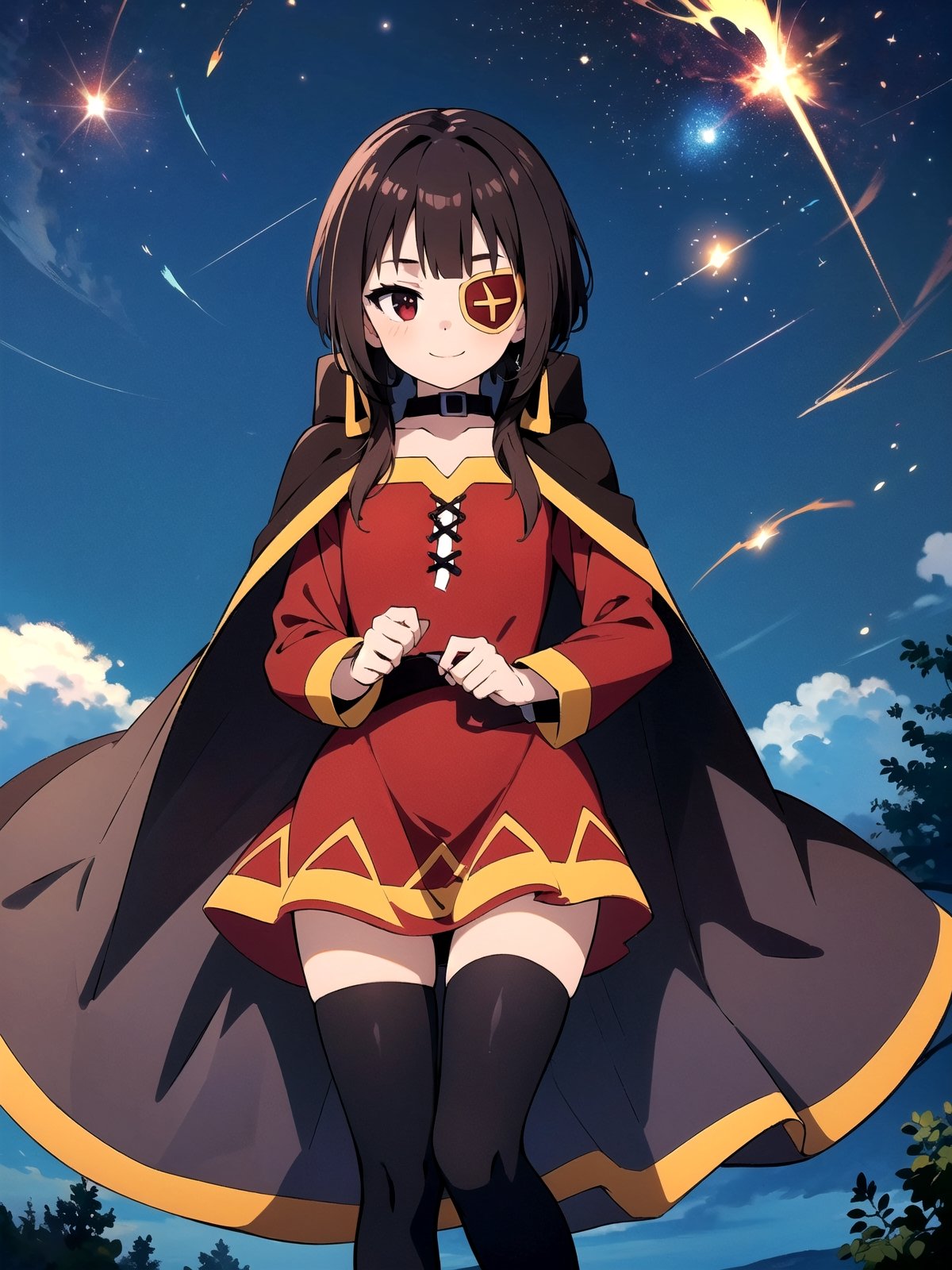 //Quality,
(masterpiece), (best quality), 8k illustration
,//Character,
1girl, solo, smile
,//Fashion,
,//Background,
night sky, meteor,  
,//Others,
make a wish,Megu-KJ , megu dress , megu cape , asymmetrical legwear, right thighhighs, eyepatch,Megu-KJ