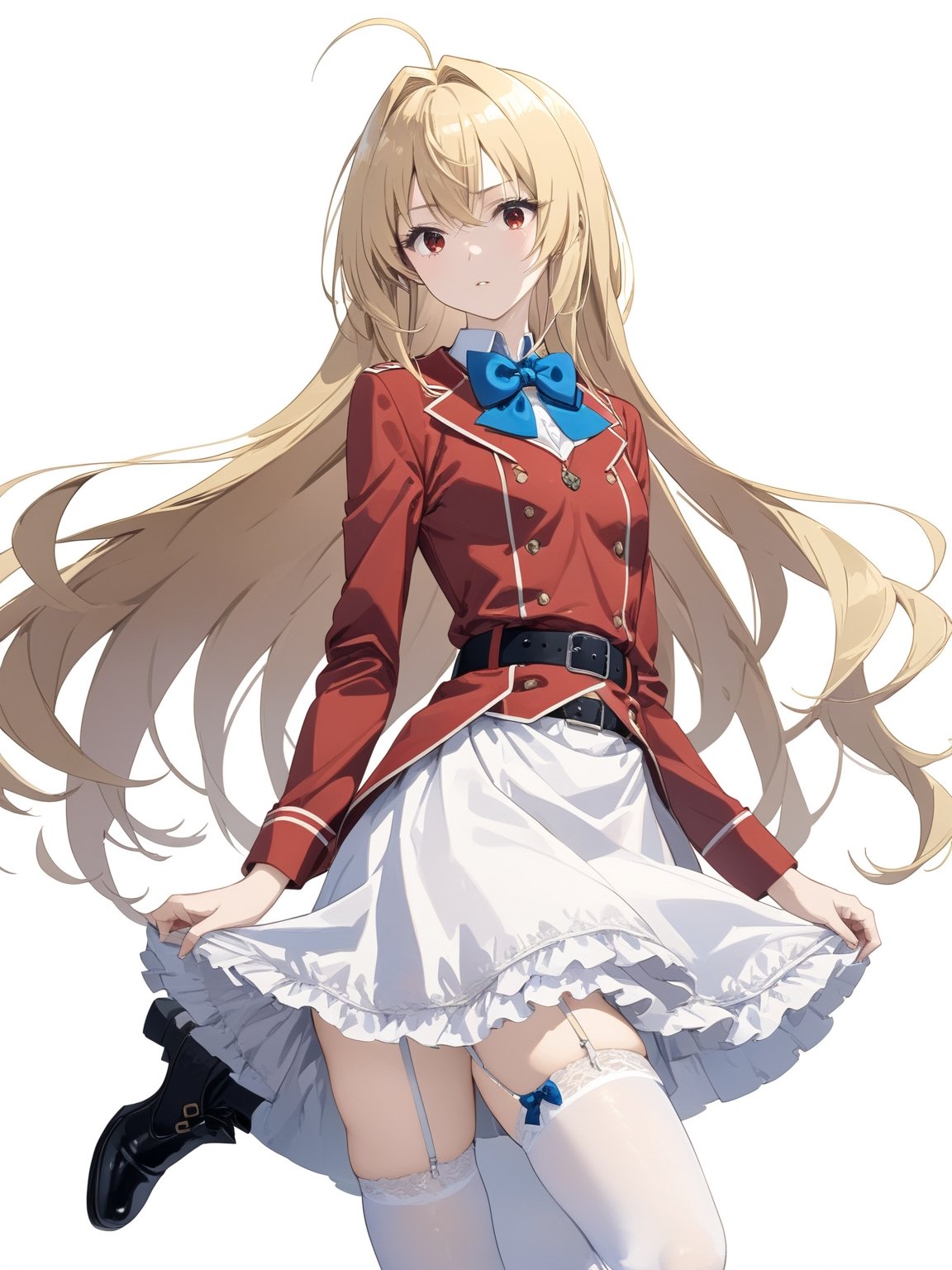 //Quality, masterpiece, best quality, detailmaster2, 8k, 8k UHD, ultra detailed, ultra-high resolution, ultra-high definition, highres, 
//Character, 1girl, solo,Terakomari, long hair, blonde hair, red eyes, ahoge, 
//Fashion, red coat, belt buckle, blue bowtie, long sleeves, white skirt, bow, white thighhighs, garter straps, boots, 
//Background, white background, 
//Others, 