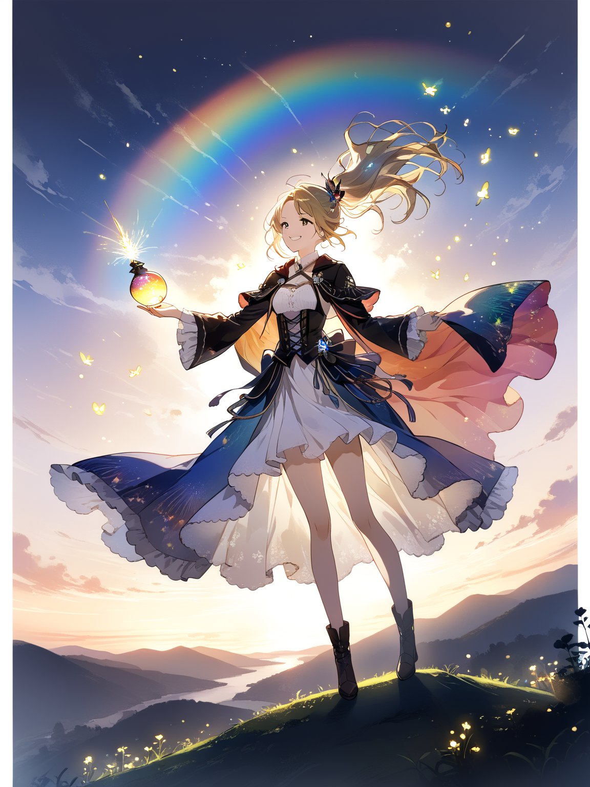 masterpiece, best quality, highres
,//Character, 
1girl, solo
,//Fashion, 
,//Background, white background
,//Others, ,Expressiveh, 
,AobaTsukuyo,
The girl standing triumphantly atop a hill, silhouetted against a beautiful sunset. She's holding a magical artifact that glows with rainbow colors. Her posture is confident, and a smile of accomplishment lights up her face. Fireflies dance around her, adding a magical touch to the scene.