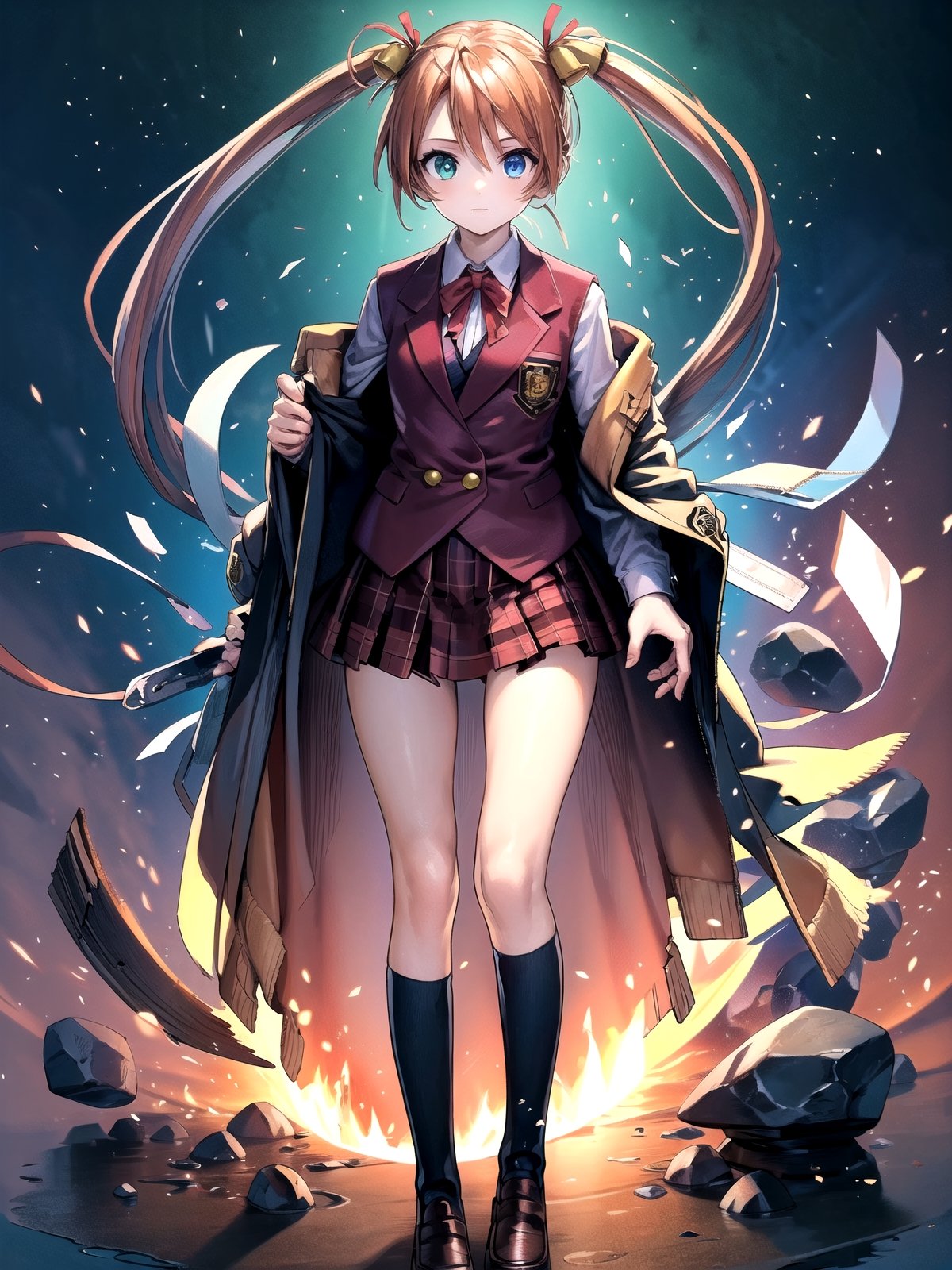 //Quality,
(masterpiece), (best quality), 8k illustration
,//Character,
people, magicians
,//Fashion,
,//Background,
magic world, magic school
,//Others,
,aaasuna,heterochromia,long hair,ahoge,twintails,hair bell,school uniform,blazer,(jacket:1.3),red bowtie,vest,shirt,long sleeves,plaid skirt,socks,black socks,loafers,bbasuna