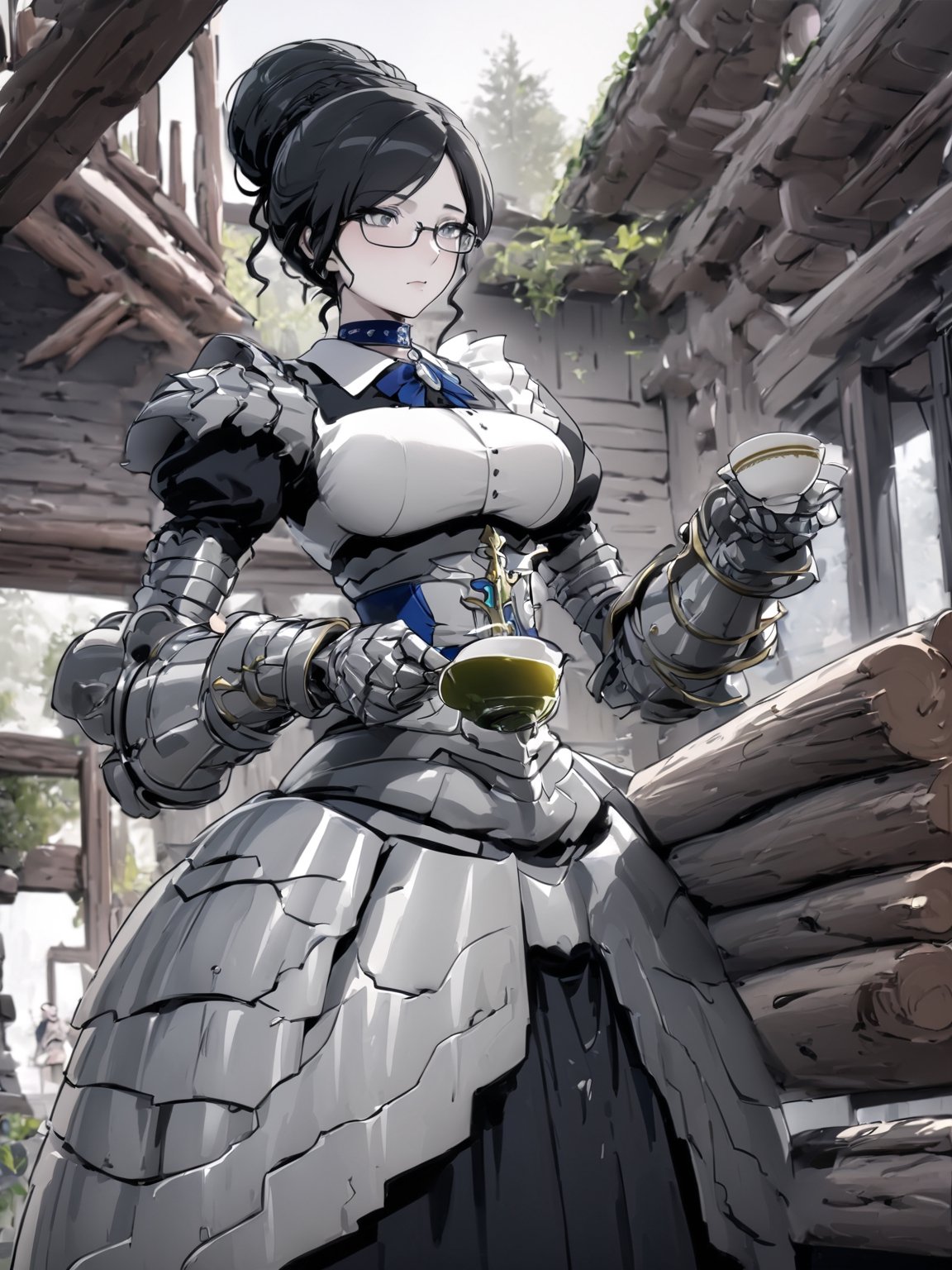 //Quality,
masterpiece, best quality, detailed
,//Character,
,Yuri Alpha \(overlord\), 1girl, solo, grey eyes, glasses, black hair, hair bun, breasts
,//Fashion,
dress, broach, choker, maid, armor, gauntlets, corset
,//Background,
log house, pouring tea
,//Others,
