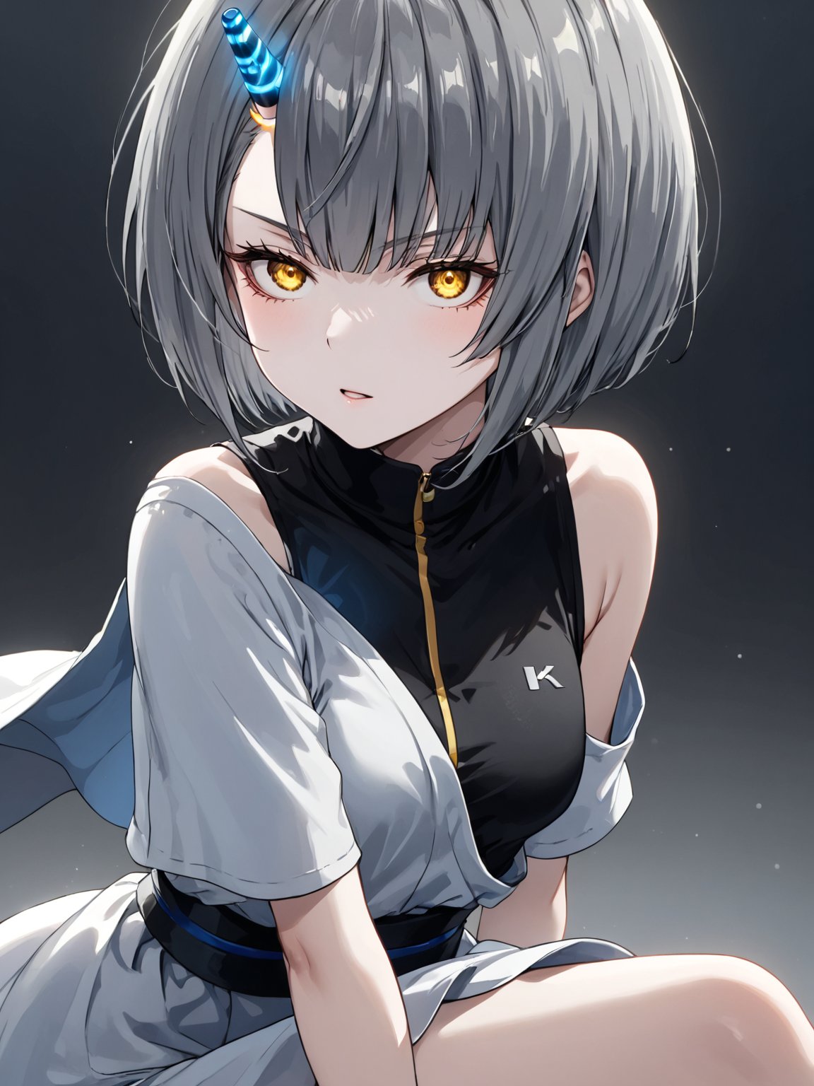 best quality, 8k, 8k UHD, ultra-high resolution, ultra-high definition, highres
,//Character, 
1girl, solo
,//Fashion, 
,//Background, 
,//Others, ,Expressiveh, 
Ataru, short hair, grey hair, yellow eyes, heterochromia, glowing, single horn, dress,
A female martial artist demonstrating a complex kata, her gi in motion