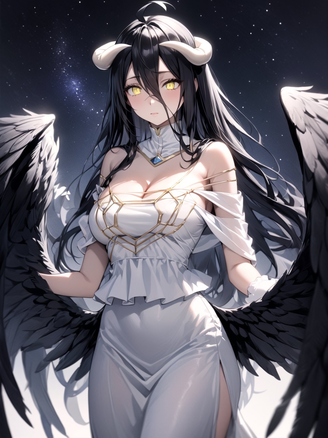 //Quality,
masterpiece, best quality, detailed
,//Character,
1girl, solo
,//Fashion,
,//Background,
star_(sky)
,//Others,
,albedo \(overlord\), 1girl, long hair, black hair, hair between eyes, yellow eyes, horns, ahoge, white gloves, white dress, bare shoulders, detached collar, cleavage, slit pupils, black wings, feathered wings, low wings