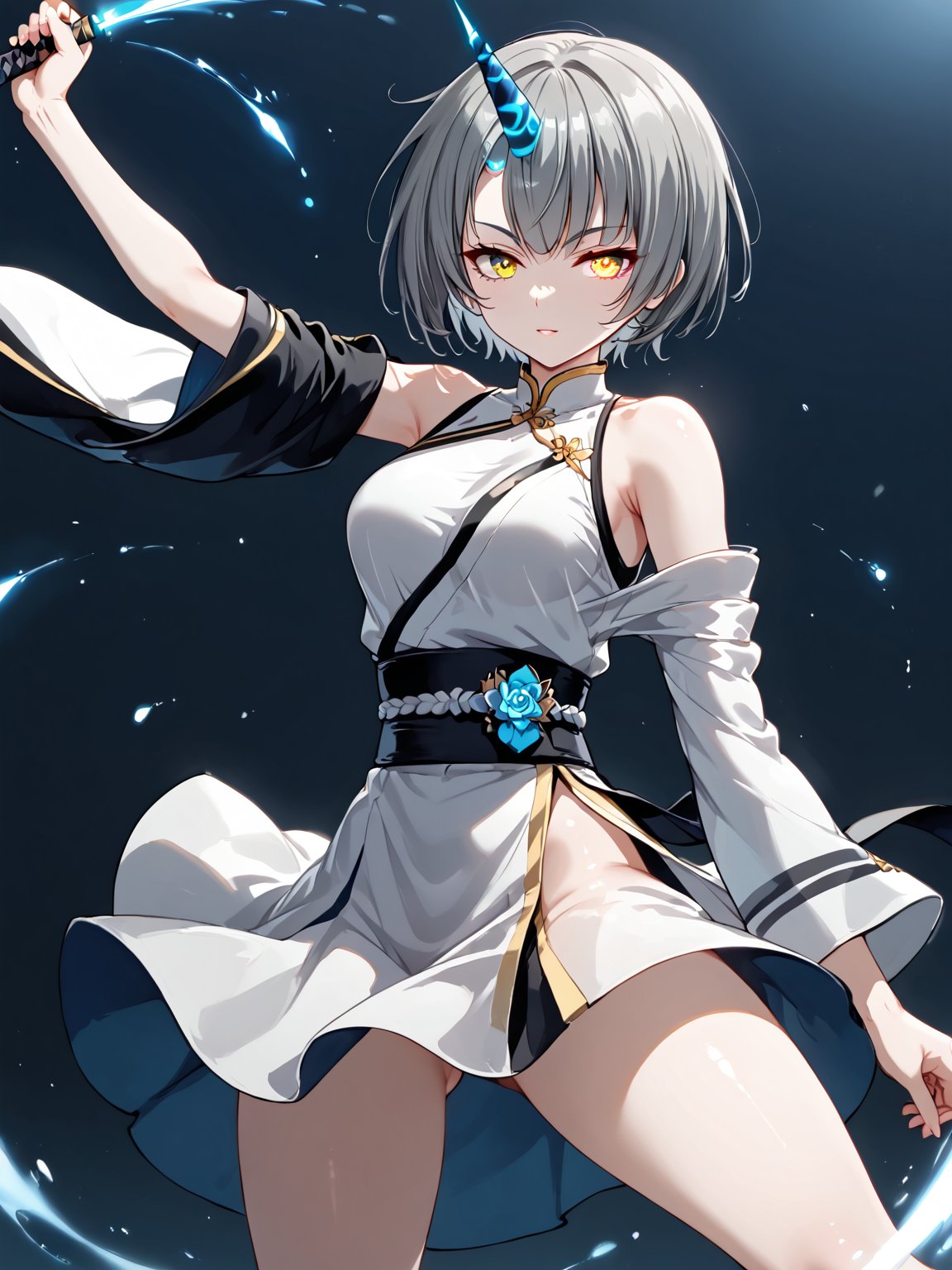 best quality, 8k, 8k UHD, ultra-high resolution, ultra-high definition, highres
,//Character, 
1girl, solo
,//Fashion, 
,//Background, 
,//Others, ,Expressiveh, 
Ataru, short hair, grey hair, yellow eyes, heterochromia, glowing, single horn, dress, legs,
A martial artist mid-kick, her gi revealing a glimpse of athletic physique.