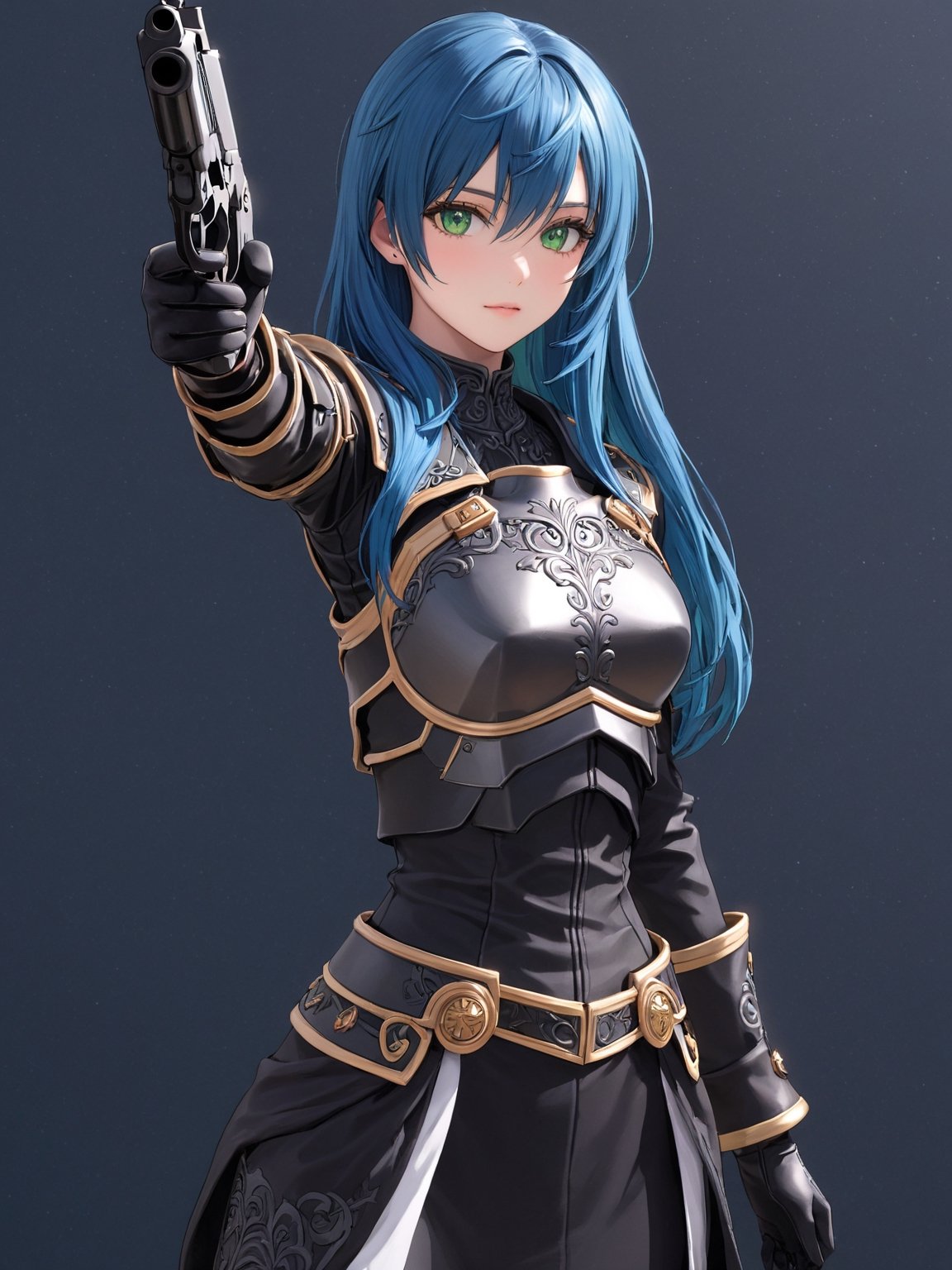 //Character, solo,MariaTraitor_SO3, 1girl, green eyes, long hair, blue hair, 
//Fashion, armor, fingerless gloves, pantyhose,
//Background, simple background, 
//Quality, (masterpiece), best quality, ultra-high resolution, ultra-high definition, highres, intricate, intricate details, absurdres, highly detailed, finely detailed, ultra-detailed, ultra-high texture quality, natural lighting, natural shadow, dramatic shading, dramatic lighting, vivid colour, perfect anatomy, 
//Others, gun