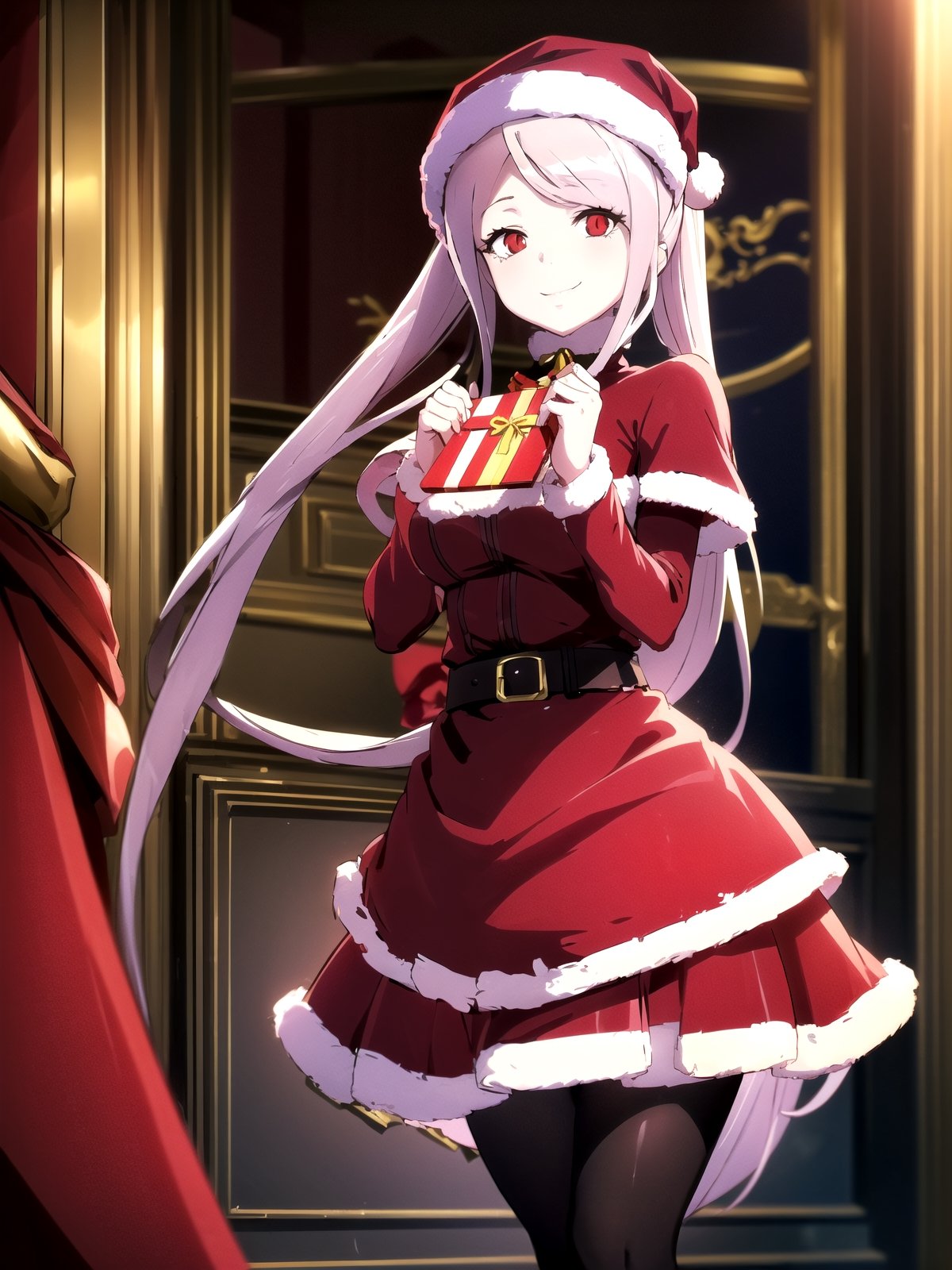 //Quality,
(masterpiece), (best quality), 8k illustration,
//Character,
overlordentoma, 1girl, solo, smile, gift
//Fashion,
santa_costume,
//Background,
indoors, christmas, 
//Others,
,shalltear bloodfallen