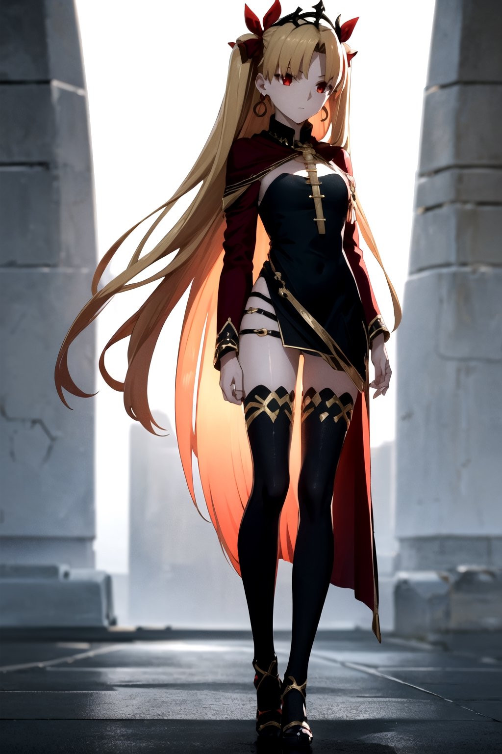 //Quality,
(masterpiece), (best quality), 8k illustration
,//Character,
1girl, solo
,//Fashion,
,//Background,
white_background, simple_background
,//Others,
,ereshkigal, ereshkigal \(fate\), long hair, blonde hair, very long hair, two side up, tiara, (red eyes:1.3), ribbon, hair ribbon, red ribbon, (parted bangs:1.5),BREAK thighhighs, dress, jewelry, earrings, black dress, single thighhigh, asymmetrical legwear, uneven legwear, single sleeve, spine, hair bow, full_body