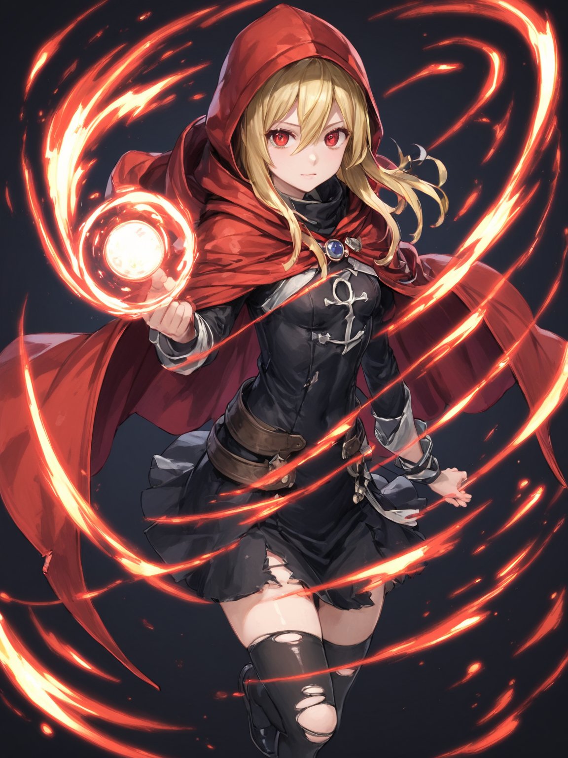 score_9,score_8_up,score_7_up,score_6_up, masterpiece, best quality, 8k, 8k UHD, ultra-high resolution, ultra-high definition, highres
,//Character, 
1girl, solo,Evileye \(overlord\), blonde hair, red eyes, hair between eyes, small breasts
,//Fashion, 
hood, black dress, torn clothes, covered navel, red cloak, hooded cloak, black thighhighs, torn thighhighs, 
hood up
,//Background, white_background
,//Others, ,Expressiveh,
dynamic pose, energy ball charging