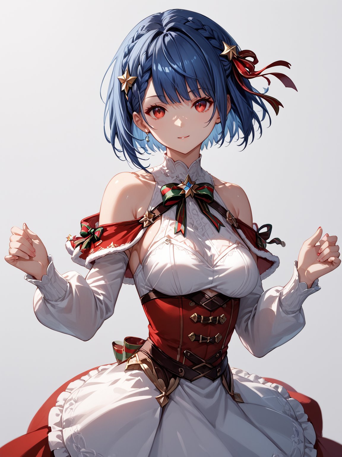 score_9,score_8_up,score_7_up,score_6_up, masterpiece, best quality, 8k, 8k UHD, ultra-high resolution, ultra-high definition, highres
,//Character, 
1girl, solo, short hair, blue hair, shiny hair, red eyes, bangs, braid
,//Fashion, 
santa_costume, hair ribbon
,//Background, white_background
,//Others, ,Expressiveh,
dynamic pose