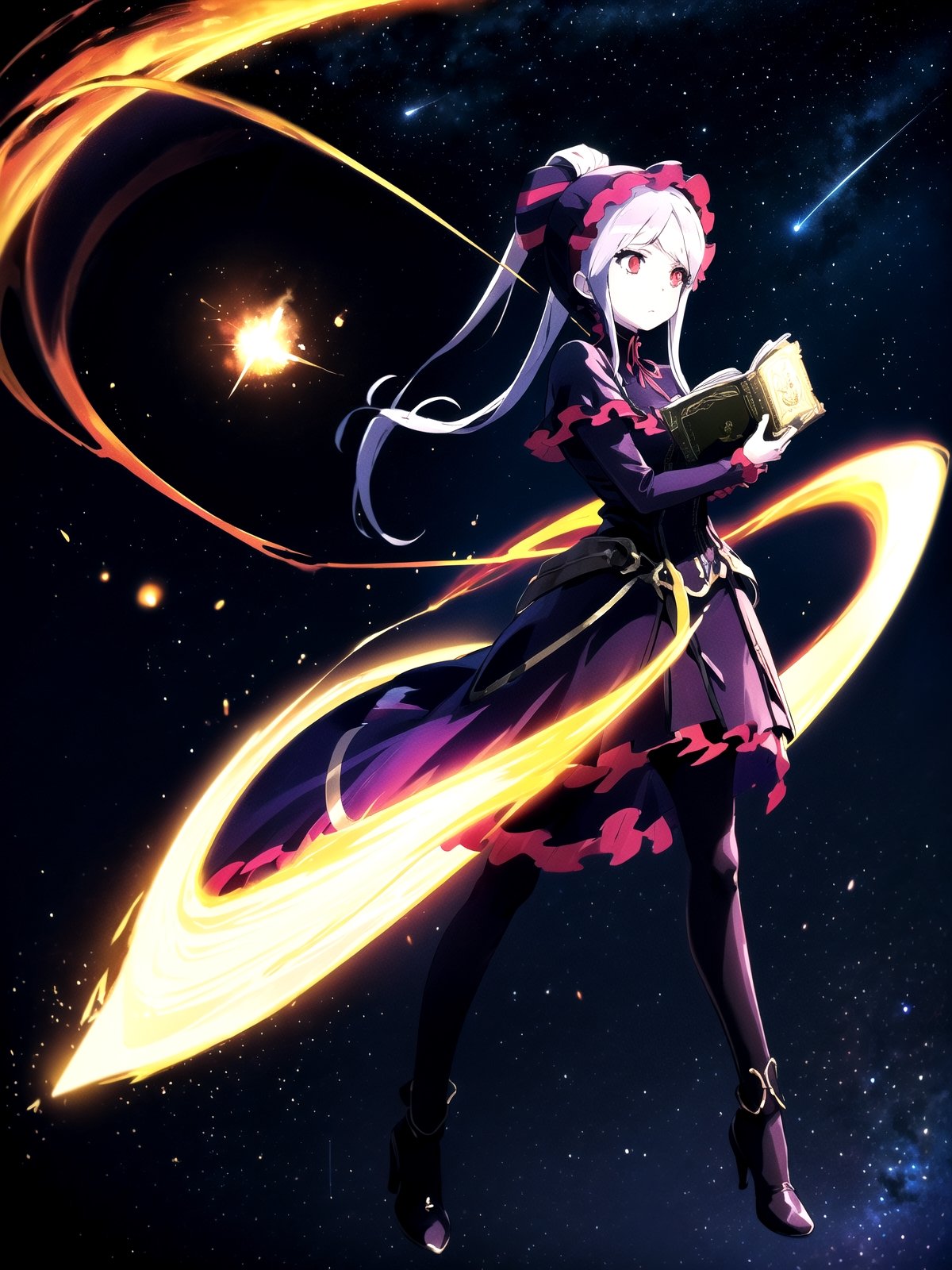 //Quality,
(masterpiece), (best quality), 8k illustration
,//Character,
1girl, solo
,//Fashion,
,//Background,
night sky, meteor
,//Others,
superpower, book, float, feel astonished,shalltear bloodfallen,so-bin