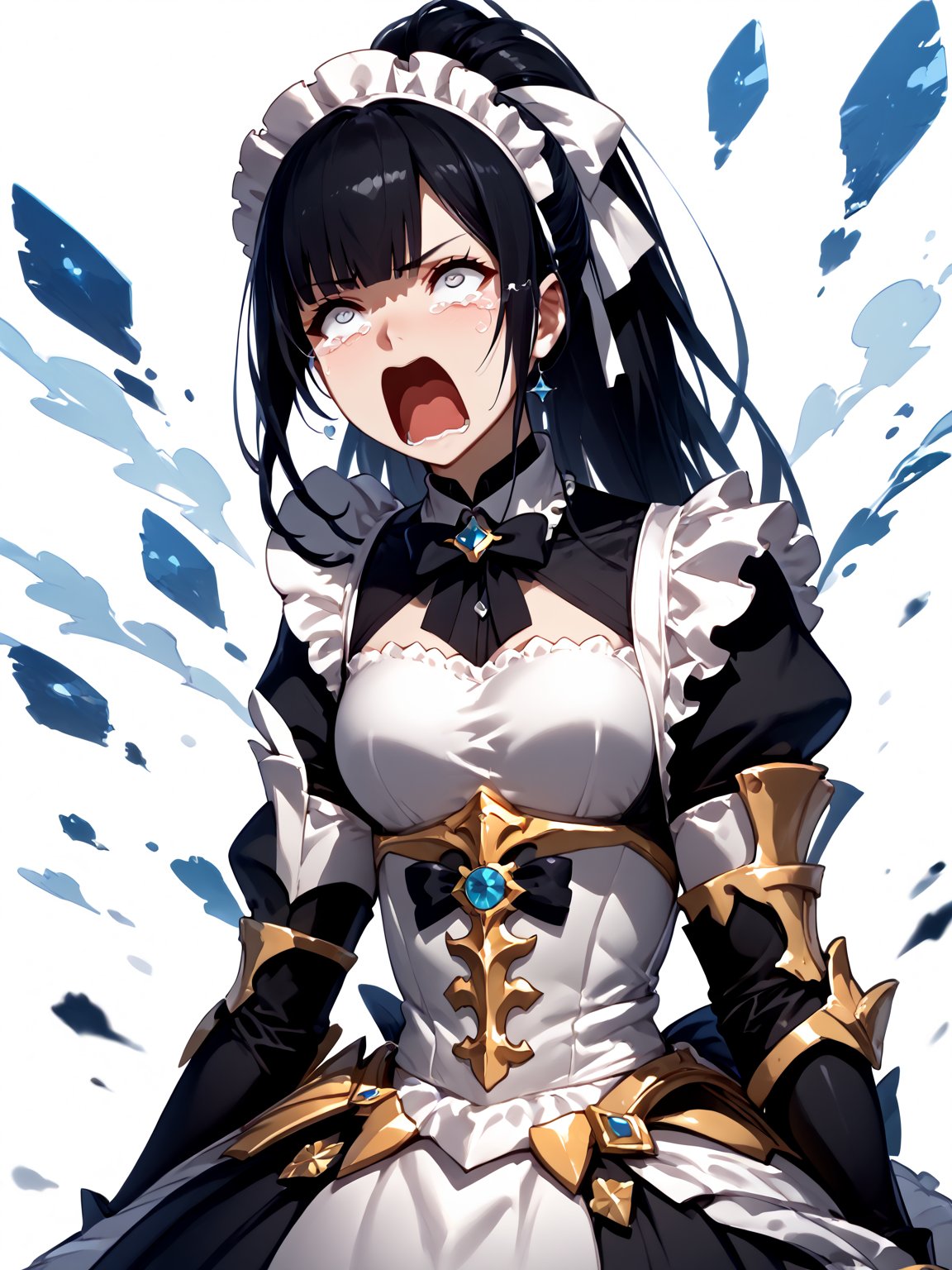 score_9,score_8_up,score_7_up,score_6_up, masterpiece, best quality, 8k, 8k UHD, ultra-high resolution, ultra-high definition, highres
,//Character, 
1girl, solo,narberal gamma \(overlord\), long hair, black hair, glay eyes, bangs, ponytail, medium breats
,//Fashion, 
ribbon, bow, maid, dress, armor
,//Background, white_background
,//Others, ,Expressiveh, 
aquascreaming, screaming, open mouth, crying with eyes open