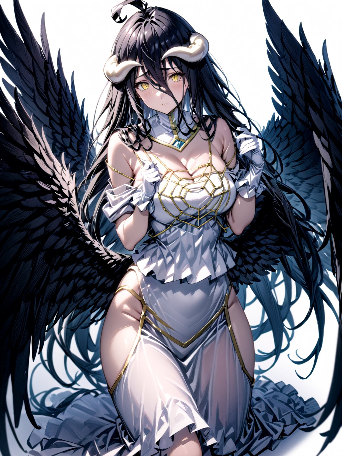 score_9,score_8_up,score_7_up,score_6_up, masterpiece, best quality
,//Character, 
1girl, solo,albedo \(overlord\), long hair, black hair, hair between eyes, yellow eyes, horns, ahoge, black wings, feathered wings, low wings
,//Fashion, 
white gloves, white dress, bare shoulders, detached collar, cleavage, slit pupils
,//Background, white_background
,//Others,
kneeling, tearful