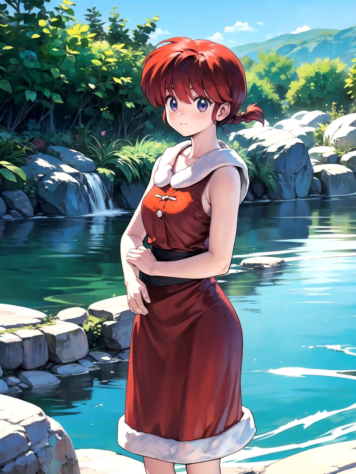 1girl, solo, Hot springs, Ranma style, female Santa,RanmaChan, red_hair