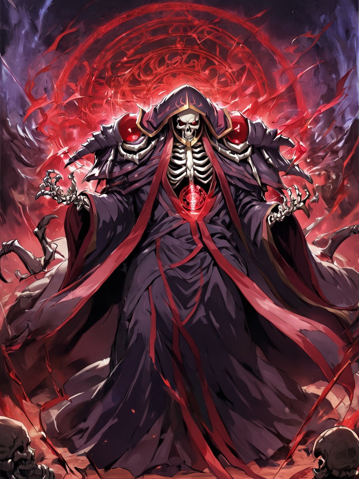 //Quality,
masterpiece, best quality, detailed
,//Character,
,ainz ooal gown \(overlord\), 1boy, solo, red eyes, skull, skeleton, glowing
,//Fashion,
hood, shoulder armor, robe
,//Background,
battle field
,//Others,
magic chant, magic circle, hands up