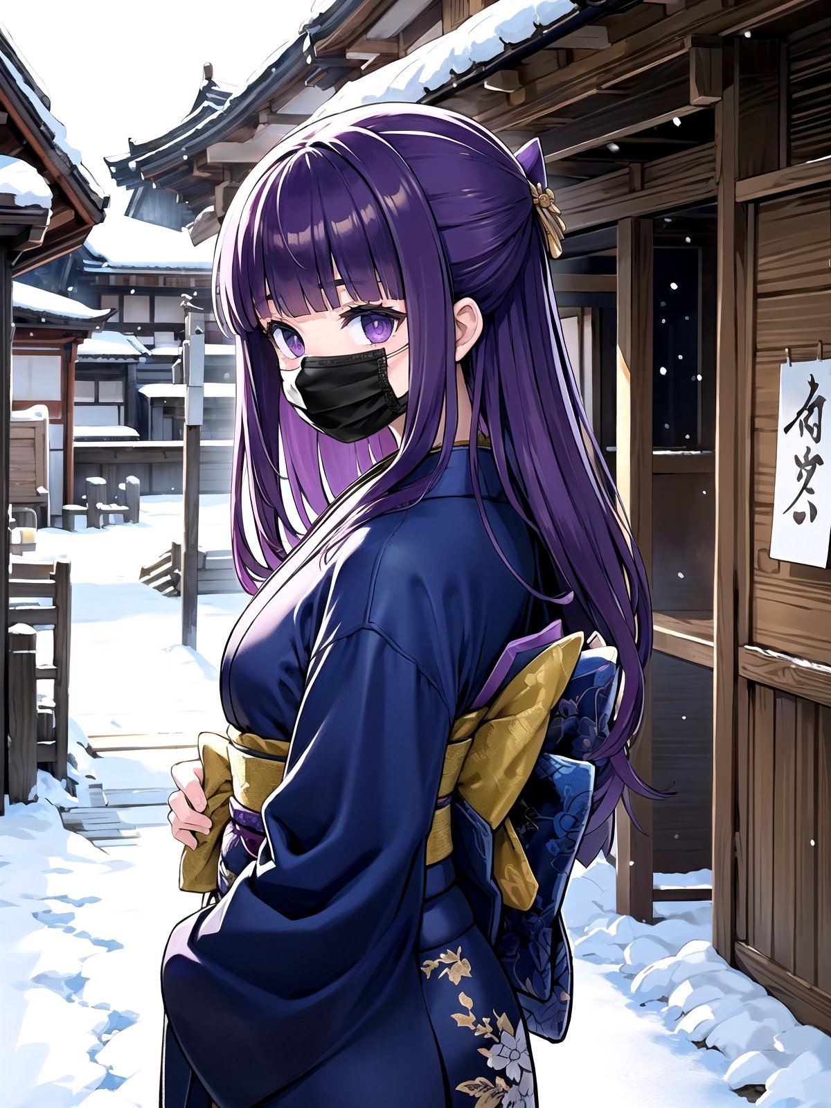 //Quality,
(masterpiece), (best quality), 8k illustration,
,//Character,
1girl, solo, 
,//Fashion,
details (dark blue silk brocade kimono)
,//Background,
Kyoto, outdoors, winter, snow
,//Others,
chin mask,goodbye,aafern, long hair, purple hair