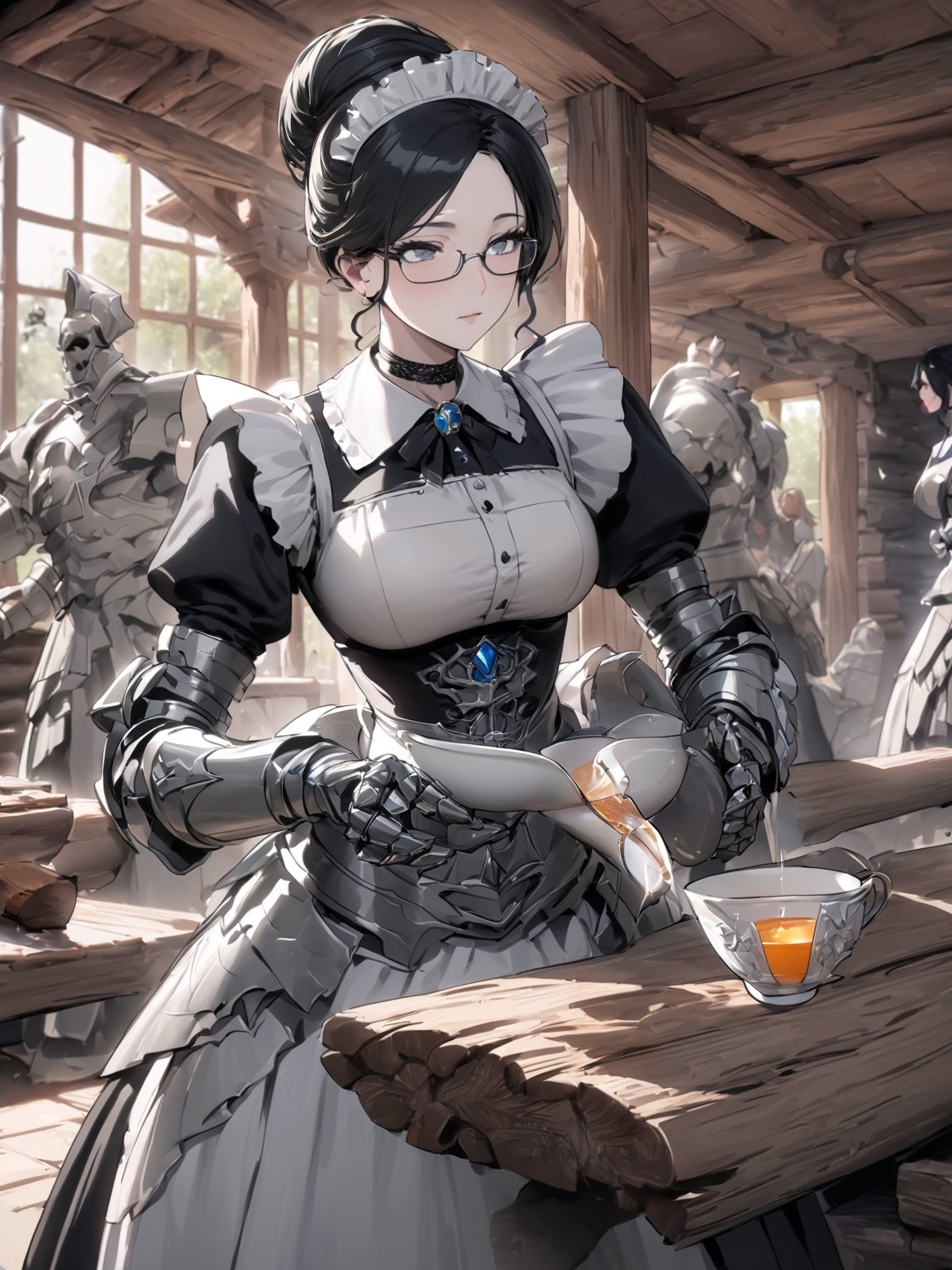 //Quality,
masterpiece, best quality, detailed
,//Character,
,Yuri Alpha \(overlord\), 1girl, solo, grey eyes, glasses, black hair, hair bun, breasts
,//Fashion,
dress, broach, choker, maid, armor, gauntlets, corset
,//Background,
log house, pouring tea
,//Others,
