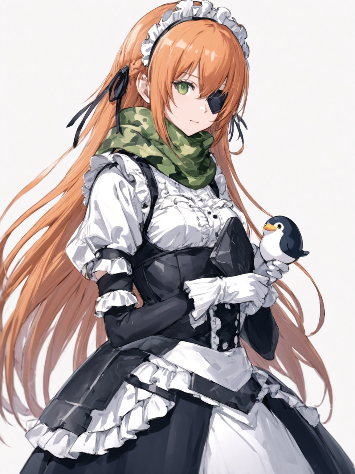 score_9,score_8_up,score_7_up,score_6_up, masterpiece, best quality
,//Character, 
1girl, solo,cz2128_delta \(overlord\), long hair, green eyes, orange hair, eyepatch
,//Fashion, 
maid, maid headdress, camouflage, green scarf, gloves, dress, armor
,//Background, white_background
,//Others,
(holding large Stuffed Penguin:1.3)