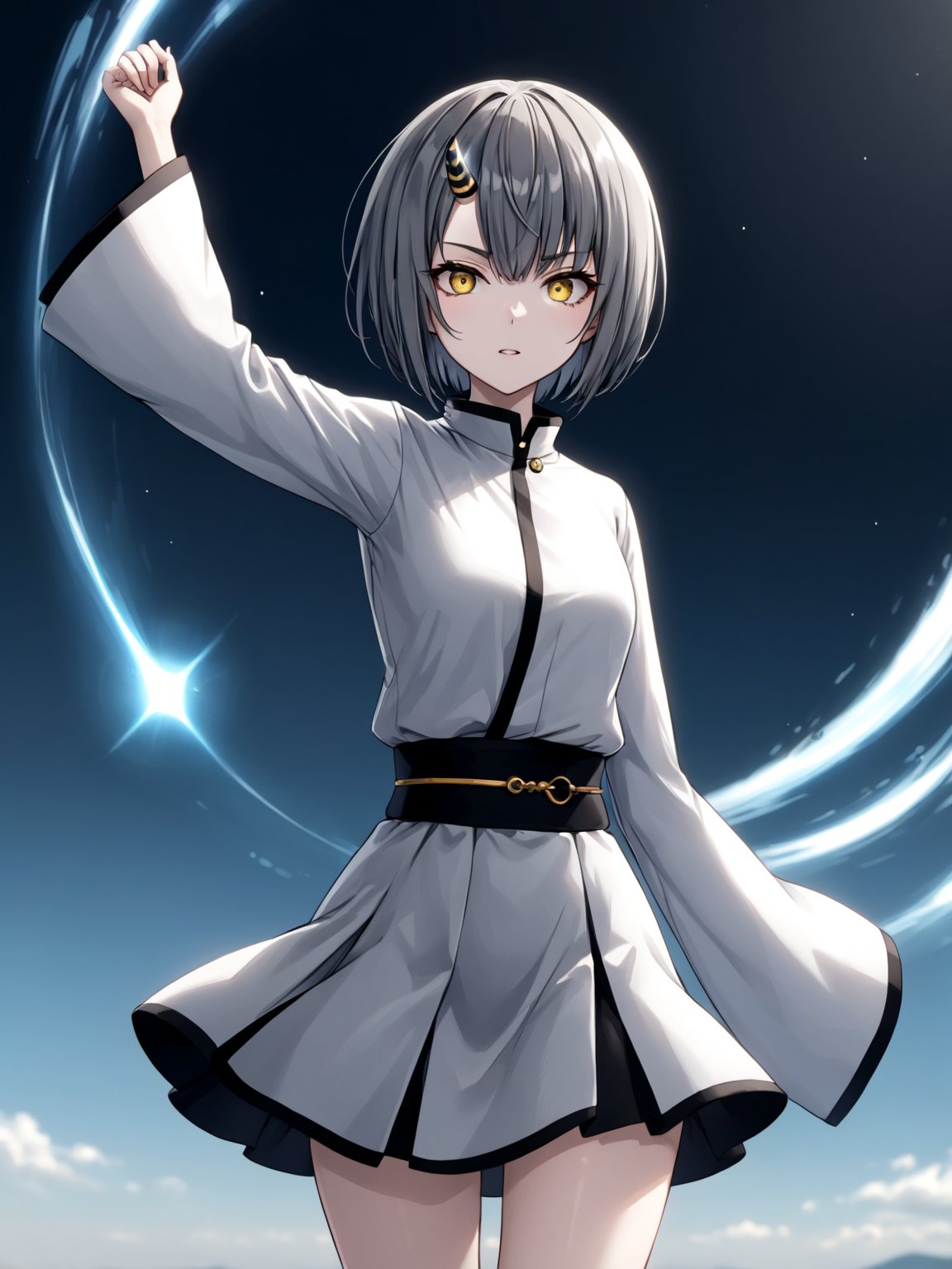 best quality, 8k, 8k UHD, ultra-high resolution, ultra-high definition, highres
,//Character, 
1girl, solo
,//Fashion, 
,//Background, 
,//Others, ,Expressiveh, 
Ataru, short hair, grey hair, yellow eyes, heterochromia, glowing, single horn, dress, legs,
A female martial artist demonstrating a complex kata, her gi in motion