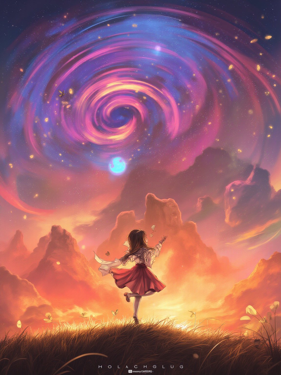 best quality, 8k, 8k UHD, ultra-high resolution, ultra-high definition, highres
,//Character, 
1girl, solo
,//Fashion, 
dress
,//Background, 
,//Others, ,Expressiveh,
The girl standing triumphantly atop a hill, silhouetted against a beautiful sunset. She's holding a magical artifact that glows with rainbow colors. Her posture is confident, and a smile of accomplishment lights up her face. Fireflies dance around her, adding a magical touch to the scene.