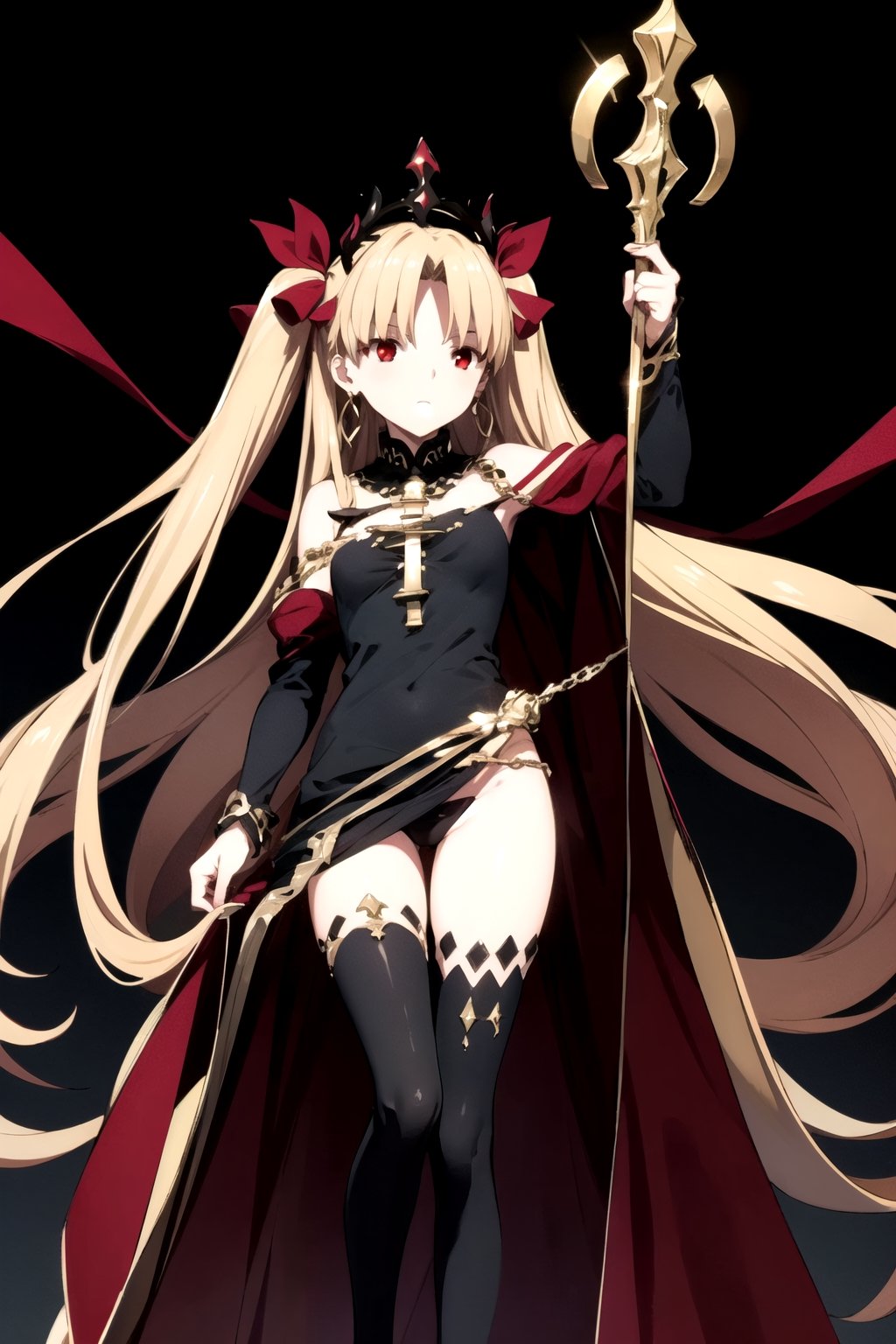 //Quality,
(masterpiece), (best quality), 8k illustration
,//Character,
1girl, solo
,//Fashion,
,//Background,
white_background, simple_background
,//Others,
,ereshkigal, ereshkigal \(fate\), long hair, blonde hair, very long hair, two side up, tiara, (red eyes:1.3), ribbon, hair ribbon, red ribbon, (parted bangs:1.5),BREAK thighhighs, dress, jewelry, earrings, black dress, single thighhigh, asymmetrical legwear, uneven legwear, single sleeve, spine, hair bow